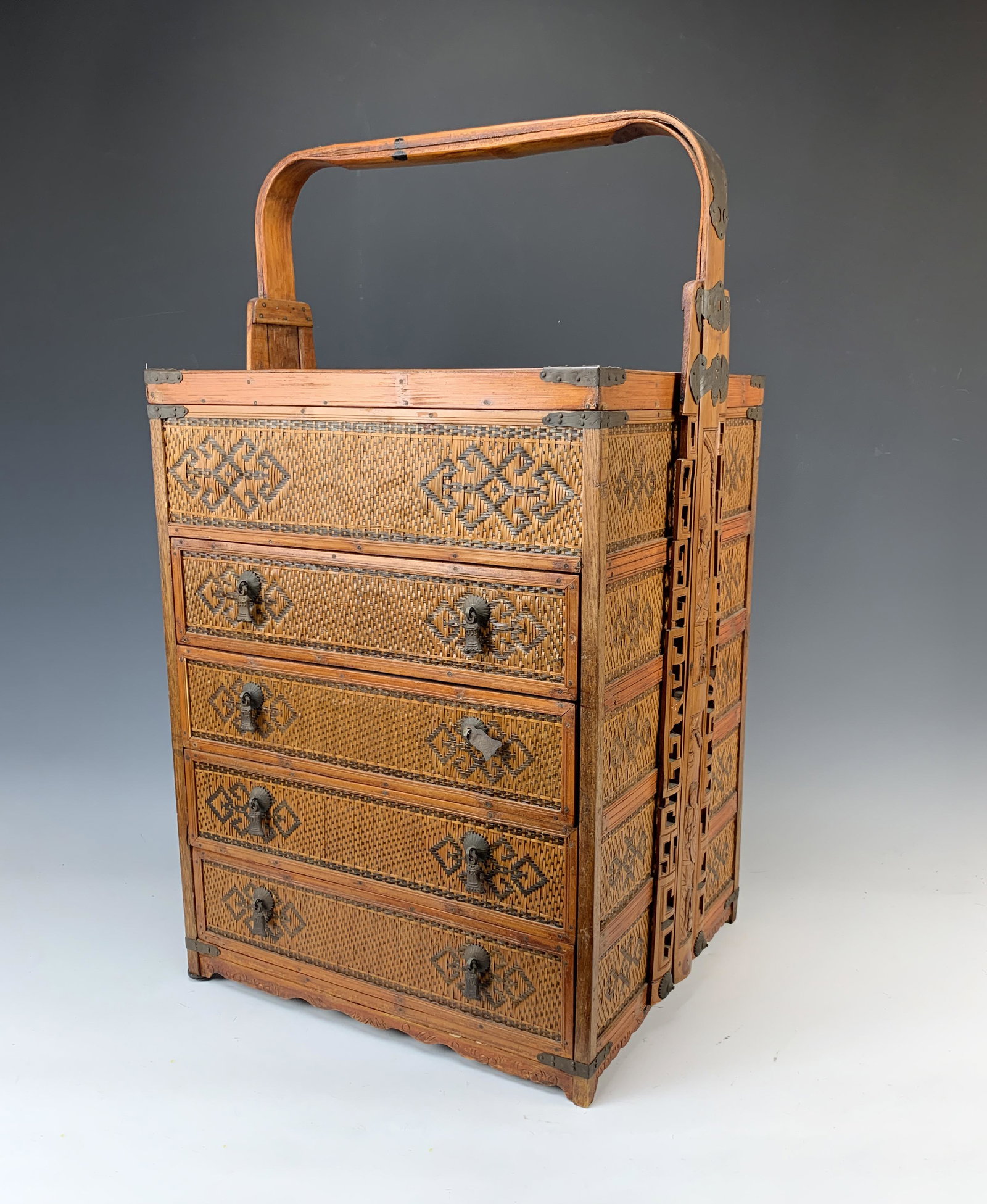Chinese Wedding Basket w Four Drawers: This Chinese wedding basket is in beautiful condition and most likely was never used, with four drawers, good condition, tiny flake in scene at top, 27" tall x 15" wide