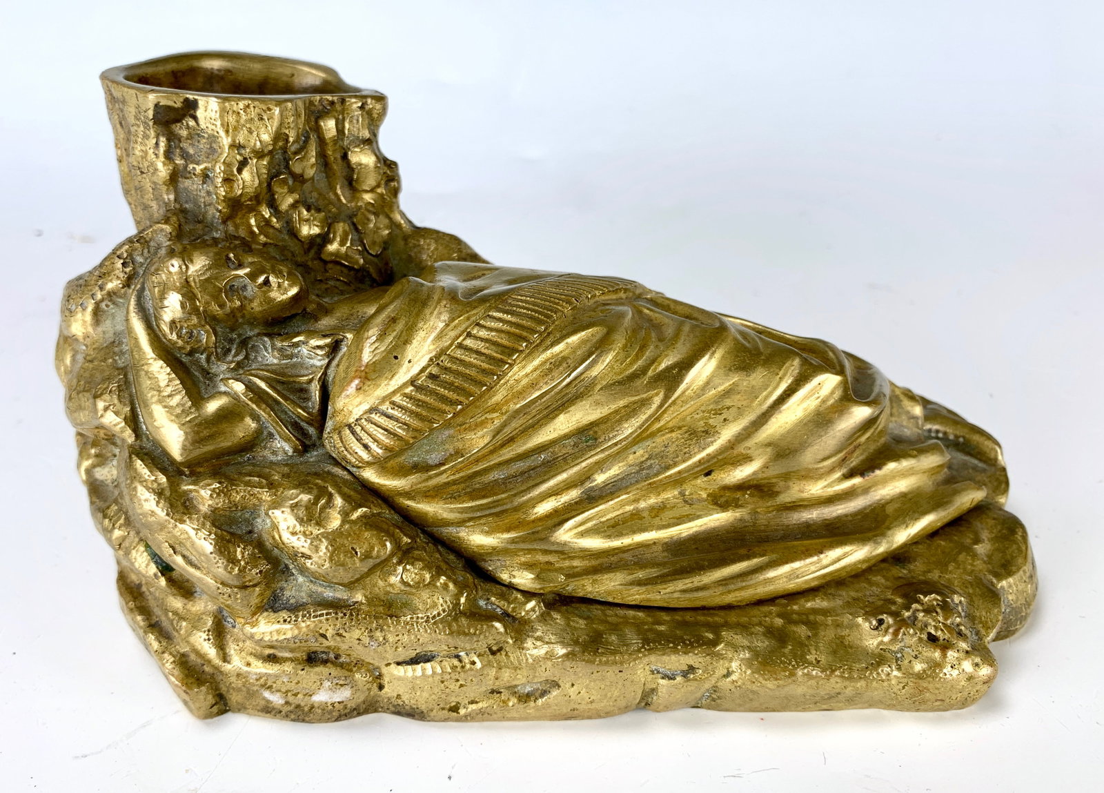 Erotic Gilt Bronze Match Holder w/ Hidden Nude: Circa 1880, depicting a sleeping lady covered with blanket, hinged cover opens to reveal her semi nudity, 6" x 3.25" x 3"