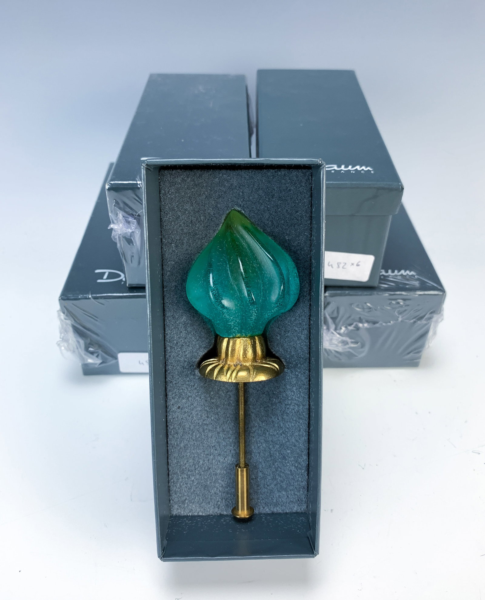 Daum France PatedeVerre Set 6 Drawer Handles: Rare seen are these set of 6 cabinet or drawer handles. Turquoise crystal paste. Each signed. 4 still in their shrink-wrapped boxes, and two not but still in their boxes. Size: 2.75" not including thr