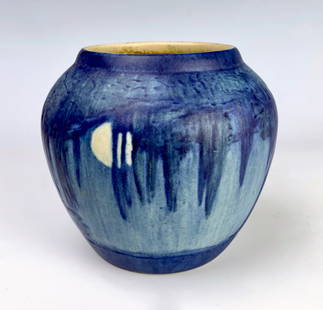 Newcomb College Scenic Vase, Moon, Smith: Scenic matte vase with a full moon peeking through the branches of Spanish moss-laden oak trees, done by Kenneth Smith. Marks include Newcomb College logo, Mr. Smith's initials "AA" for Aurelia Arbo,