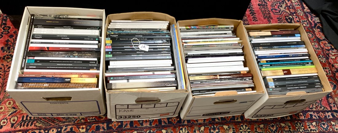 4 Large Boxes Of Auction Catalogs: Christie's, etc: Over 150 catalogs from major auction houses including Bonhams, Heritage, Humler and Nolan and others covering a wide variety of subjects, including glass, jewelry, furniture, and decorative arts. Thes