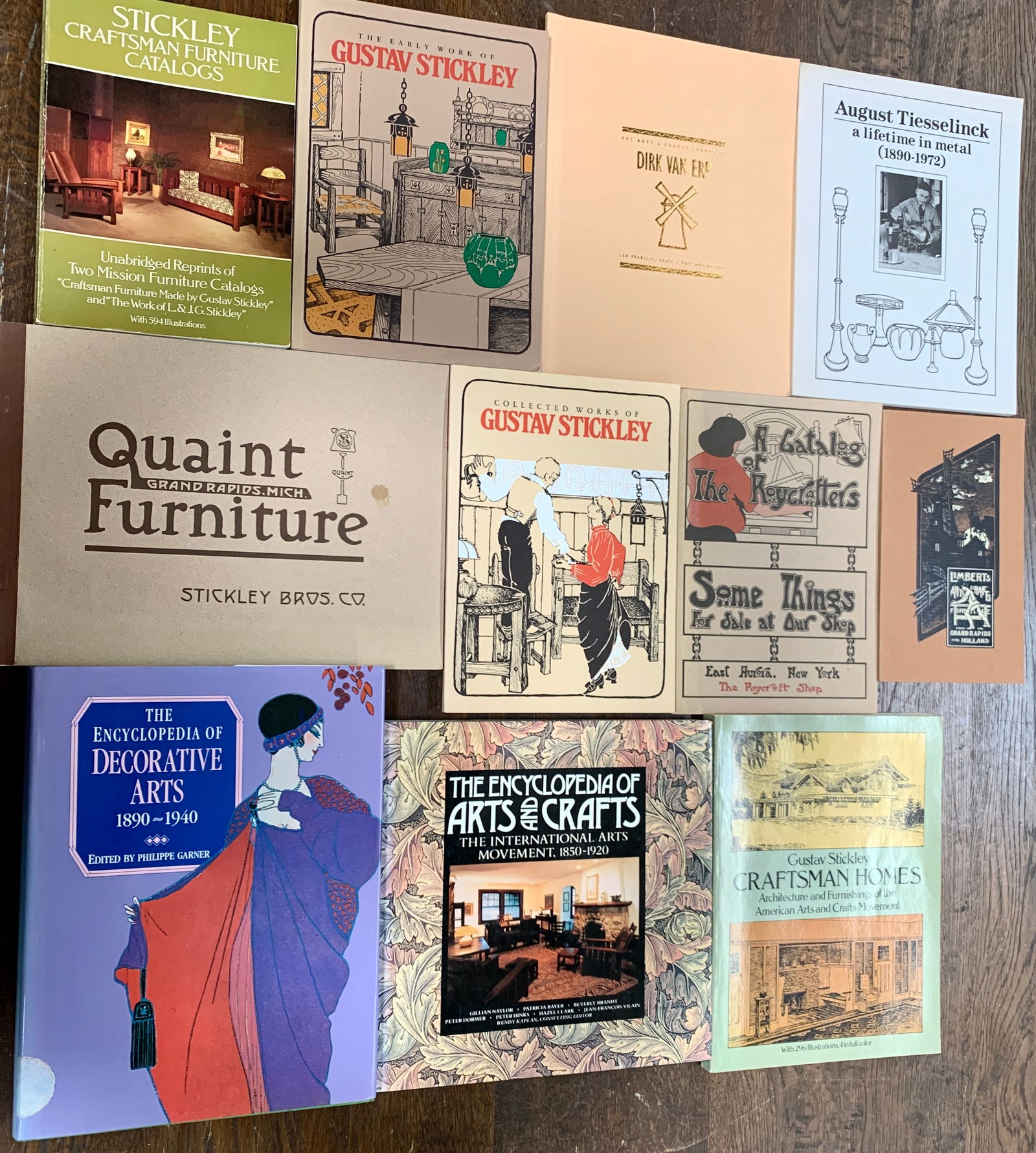 11 Arts & Crafts Reference Books: Nice lot of Arts & Crafts reference books, including two Gustave Stickley, Dirk Van Erp, Limbert, Quaint, Craftsman Homes, August Tiesselink, Roycrofters, Encyclopedia of Arts & Crafts. Size: 12 in x