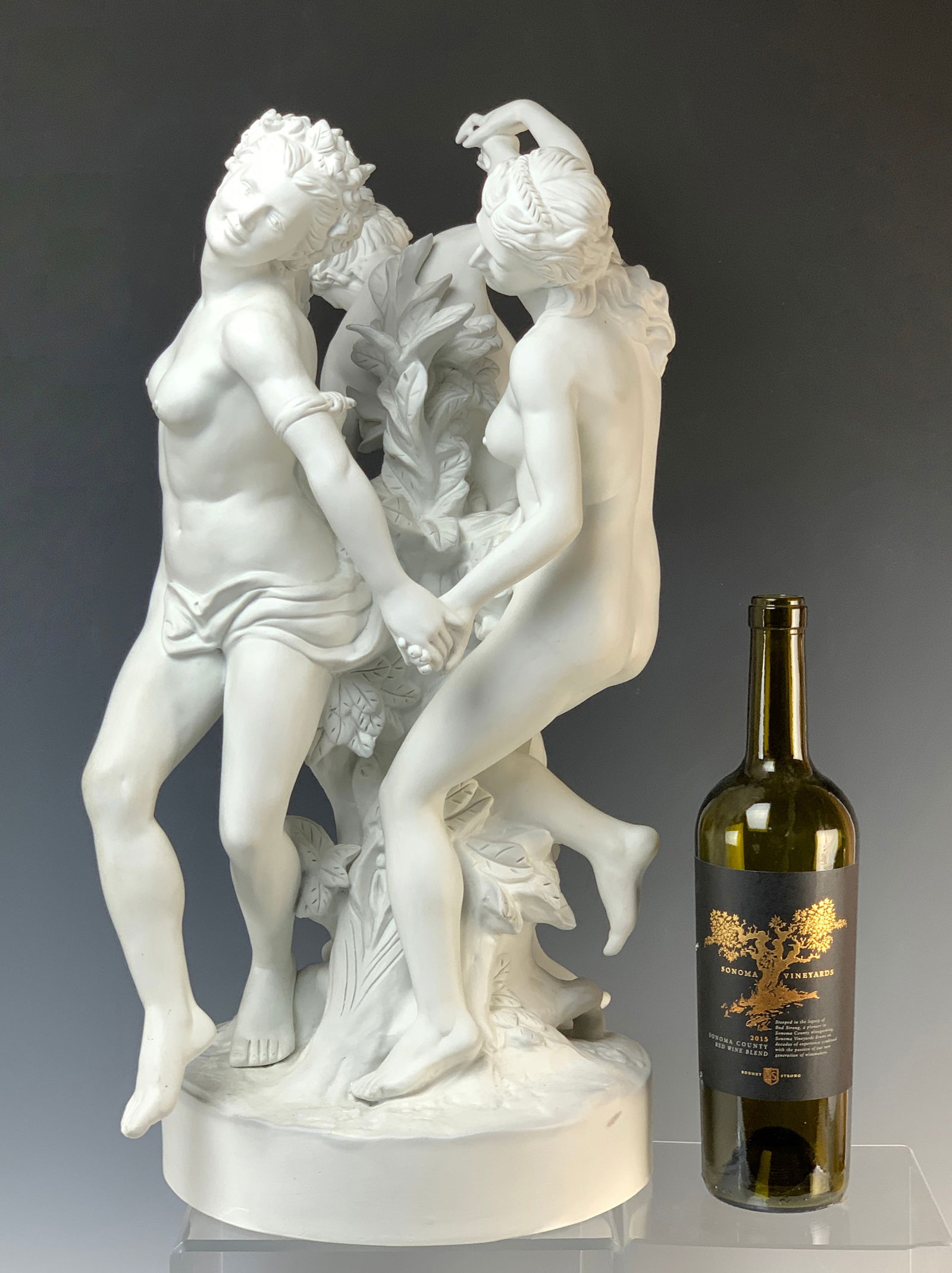Sevres White Bisque 3 Nude Figures: Large porcelain figurine signed Sevres of three female nudes, sometimes referred to as the Three Graces. Signed with a blue interlaced "L" 167. Size: 22.5" tall. Condition: Very good.