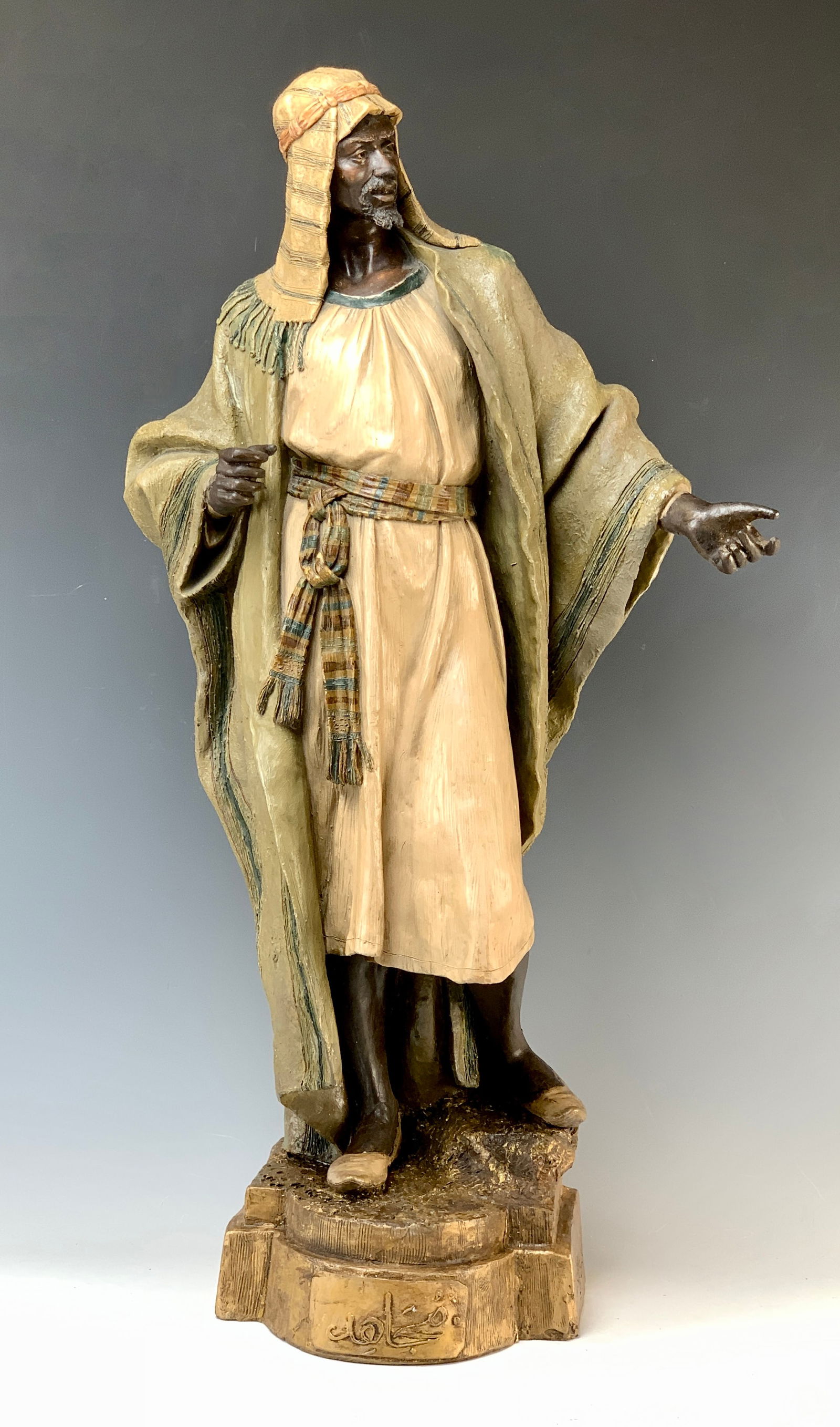 Goldscheider Figure Of Arab Circa 1891: Made of terracotta by the Friedrich Goldscheider factory. Fully signed F. Goldscheider, Wien. Numbers 829, 187, 6xx with Arabic writing. Cold-painted. Condition good. Note pictured in Ora Pinhas' book