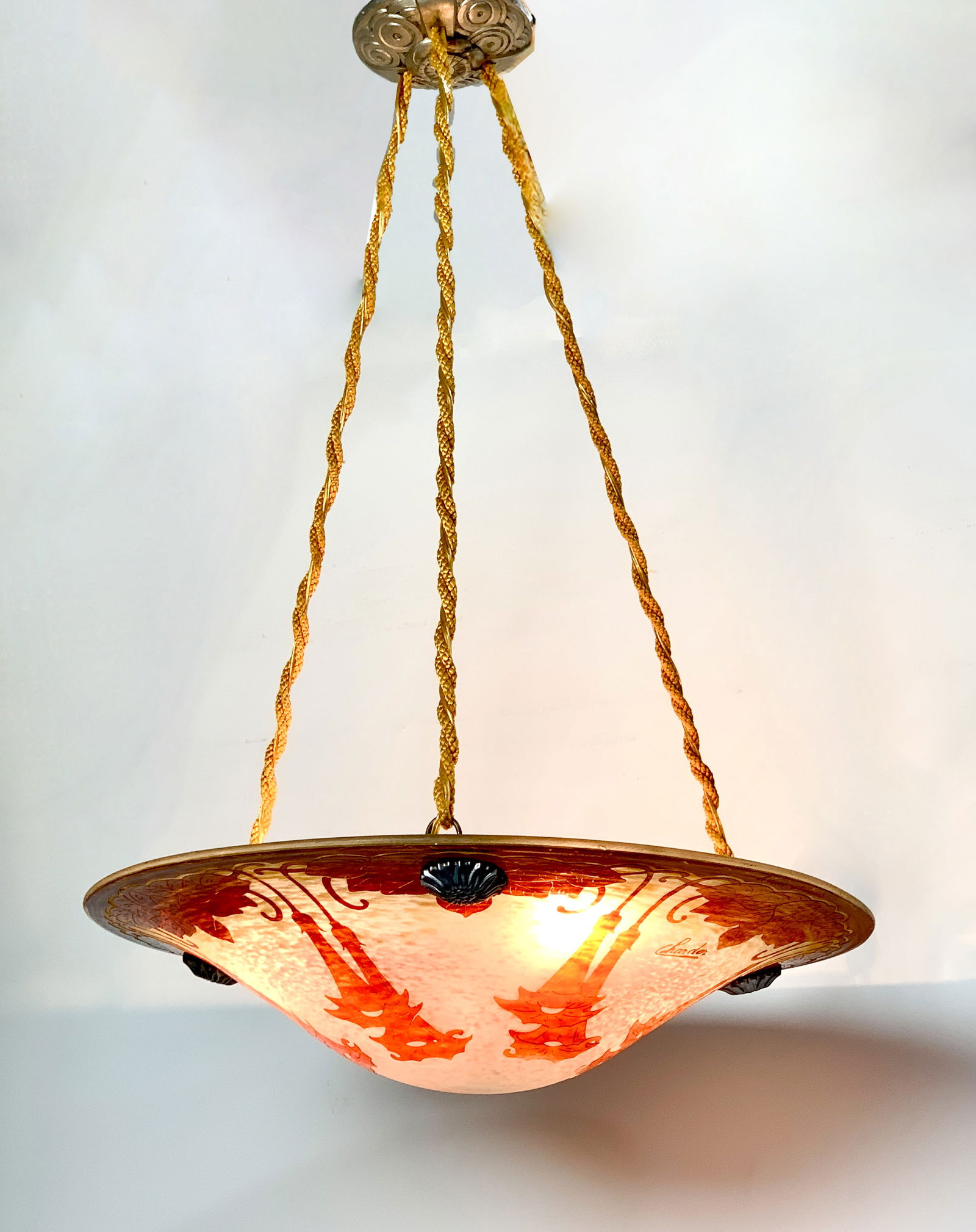 Sgd. Charder French Cameo Art Deco Chandelier: Having a round French cameo glass shade decorated with red/orange flowers against a white mottled glass ground. Size: 17.5" diameter. Hangs with 3 cords, re-electrified. Condition: in fine working ord
