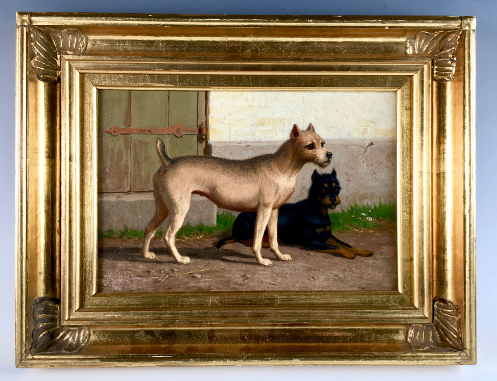 "Two Terriers in Yard" Sgd. Carl H. Bogh 1883: Carl Henrik Bogh (1827-1893 Denmark) was born in Denmark in 1827, he was known for his animal paintings, oil on canvas, signed in mid right "Carl H. Bogh 1883", mounted in a gilt wood frame, very good