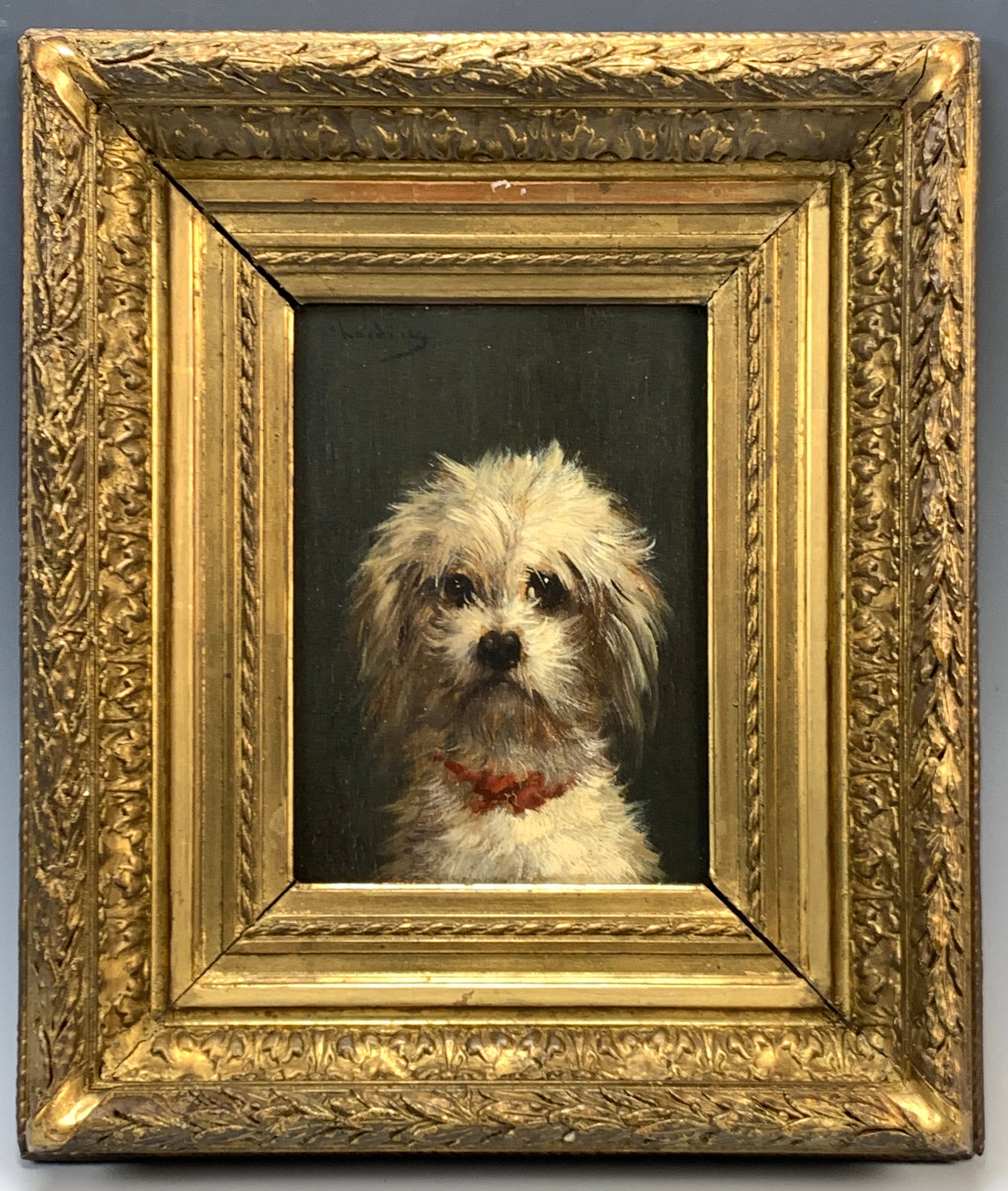 Signed Chardin (1833-1917) "Dog w/Red Collar" PorB: Wonderful late 19th-century oil on board signed Chardin, upper left. Attributed to Paul Louis Leger Chardin. Dog with red collar portrait mounted in its original gilt frame. Size: 9" tall x 6.5" wide.