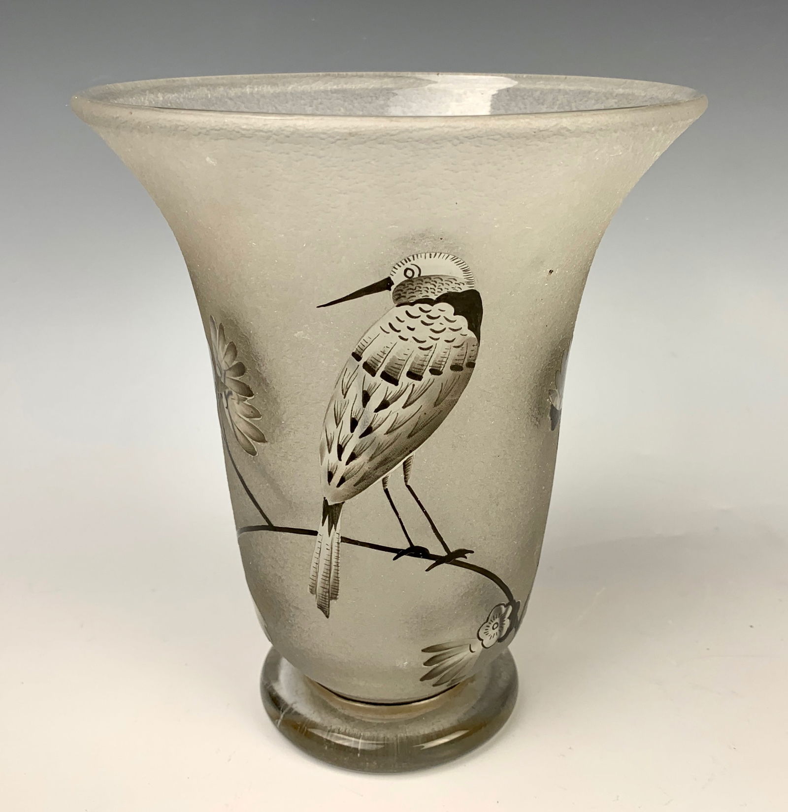 Daum Nancy Signed Art Deco "Bird" Vase: Wonderful acid etched frosted glass body with flared rim and black trimmed cameo bird on a branch with leaves and flowers, signed at bottom rim in black enamel "Daum Nancy France" with cross de Lorrai