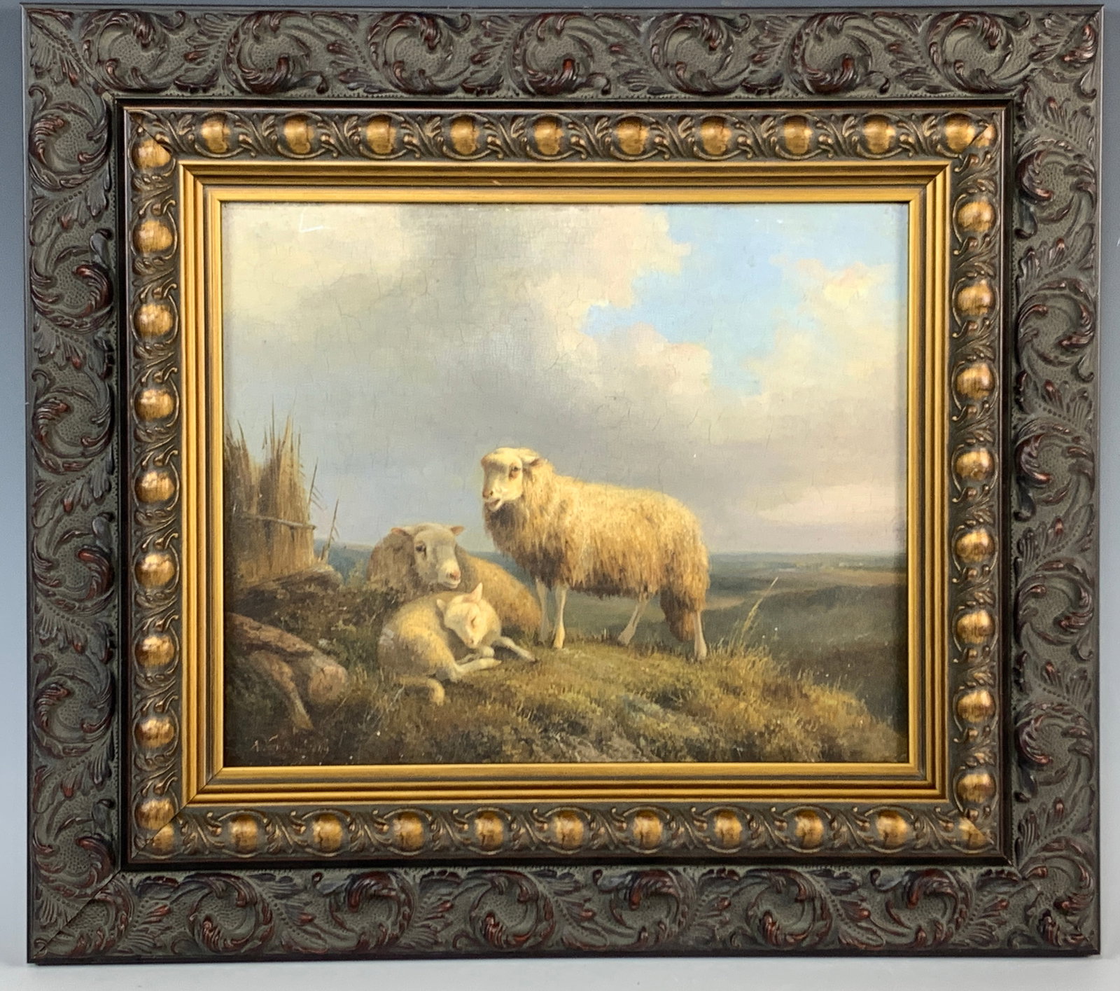 August Knip (1819-1859) "Resting Sheep With Lamb": Oil on board, signed and dated 1849 on the lower left. Size: 9" x 11" wide. With frame: 14.5" x 16.5" wide. Condition: Very good.