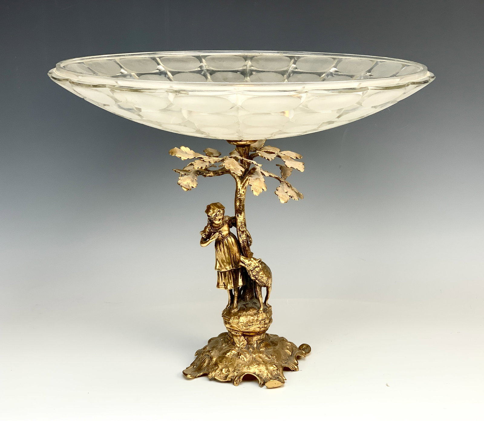 W.M.F. Gilt Metal & Glass Figural Compote: Circa 1900, a gilt metal compote with a young girl and her dog under a tree signed on bottom "WMF", with associated decorated glass bowl, 13" x 16", very good condition