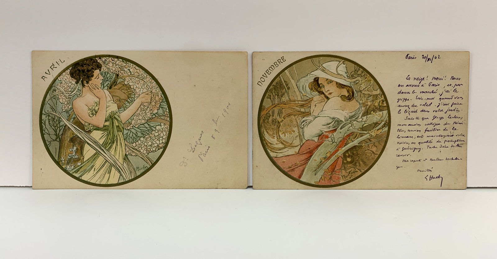Pair Antique Rare Alphonse Mucha Postcards: Offering a pair of original Alphonse Mucha postcards. Both signed Mucha. All come with protective sleeves. Size: 5.5" x 3.5". Condition: Good Provenance: Los Angeles state.