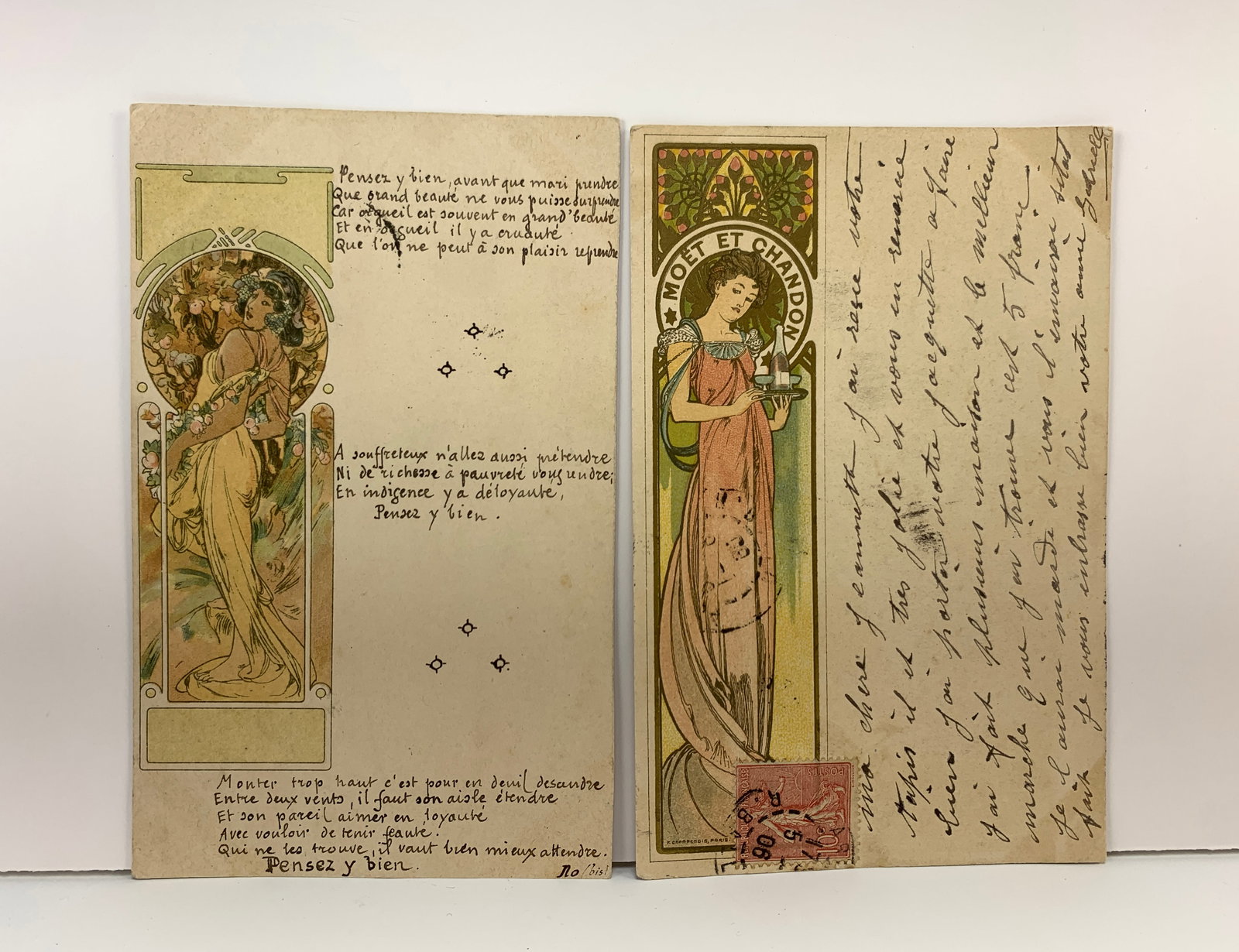 Pair Antique Rare Alphonse Mucha Postcards: Offering a pair of original Alphonse Mucha postcards. Both signed Mucha. All come with protective sleeves. Size: 5.5" x 3.5". Condition: Good Provenance: Los Angeles state.