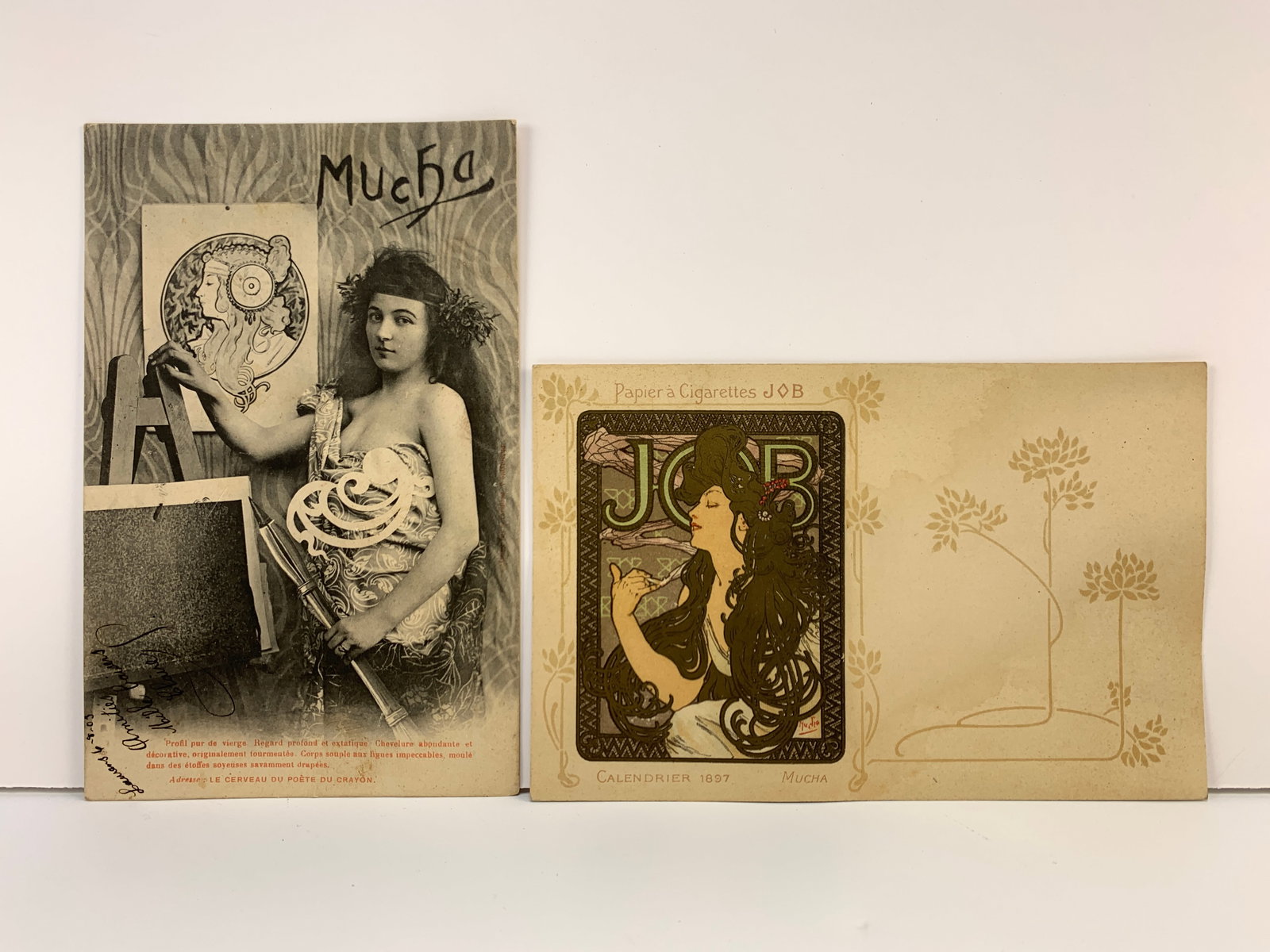 Pair Antique Rare Alphonse Mucha Postcards: Offering a pair of original Alphonse Mucha postcards. Both signed Mucha. All come with protective sleeves. Size: 5.5" x 3.5". Condition: Good Provenance: Los Angeles estate.