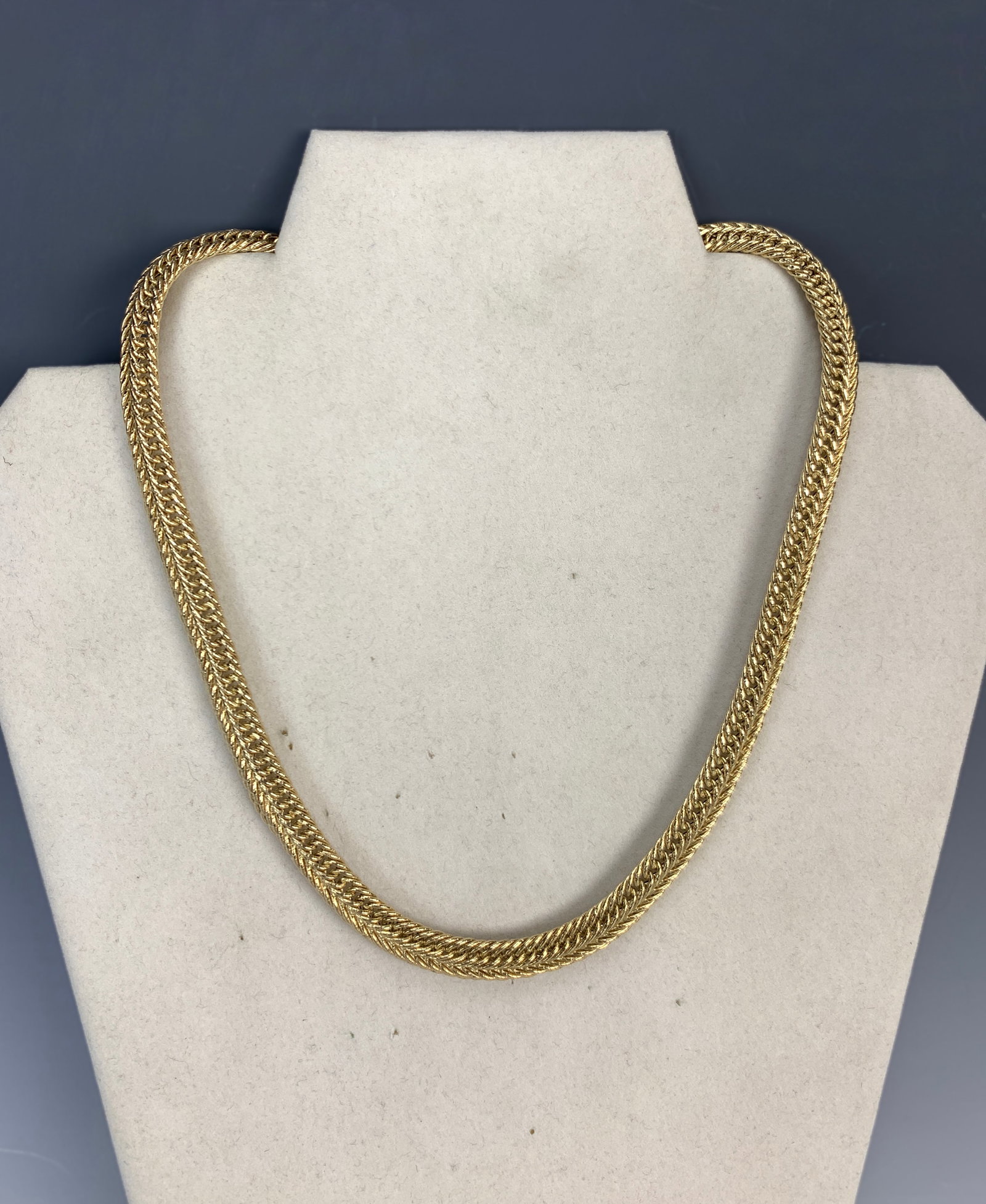 14K YG Chain Necklace: 14K yellow gold chain necklace with a beautiful 3/8" wide link style, 18" long, marked "AK 14K Turkey", 18.6 grams total weight, very good condition