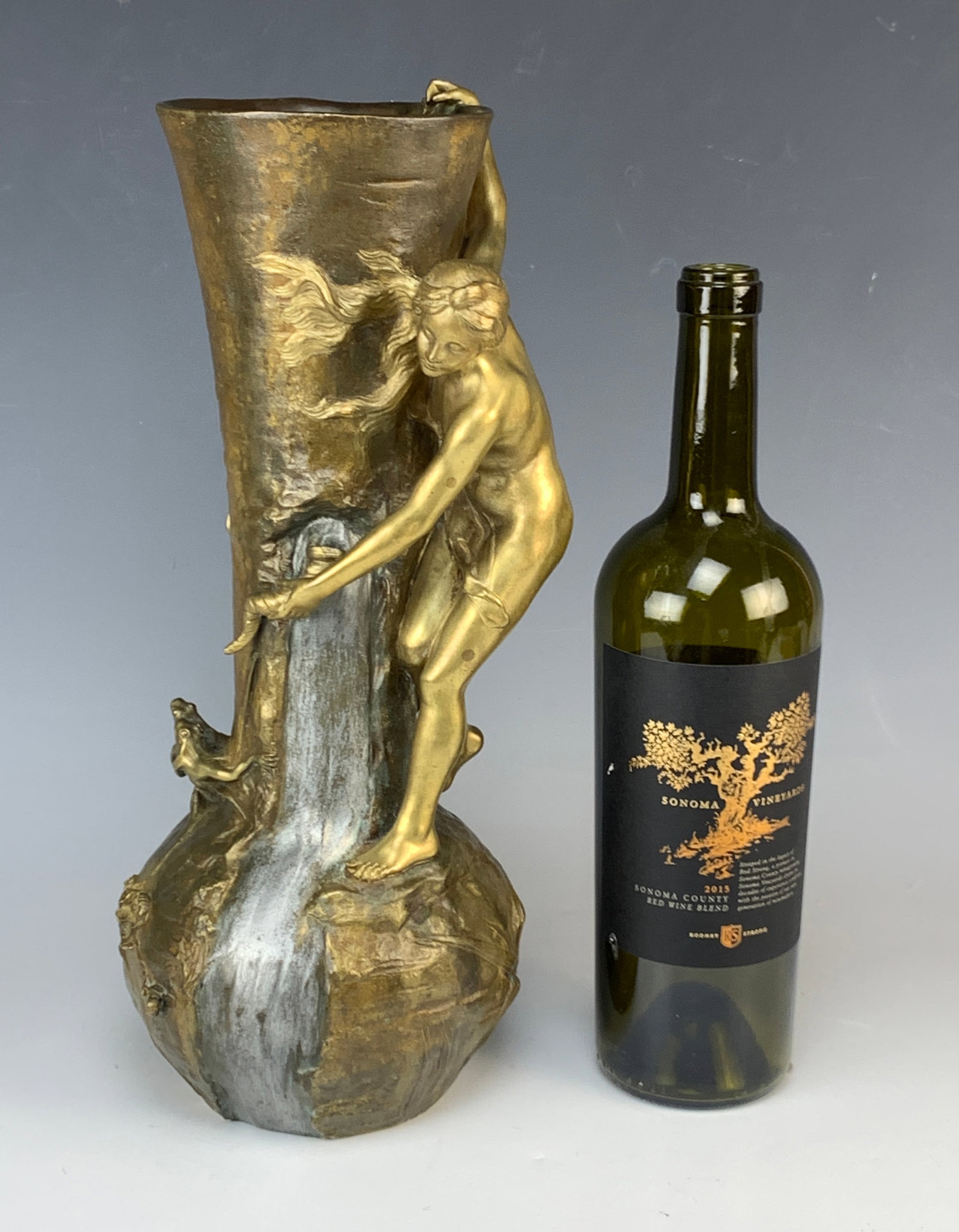 Antoine Bofill (1875-1925) Bronze Nude w/2 Frogs: Circa 1900s, Art Nouveau bronze of a nude nymph with a cornucopia getting a drink of water with two frogs protruding from the side. Three patinas: brown, gilt, and silver bronze. Unusual for sure. Sig