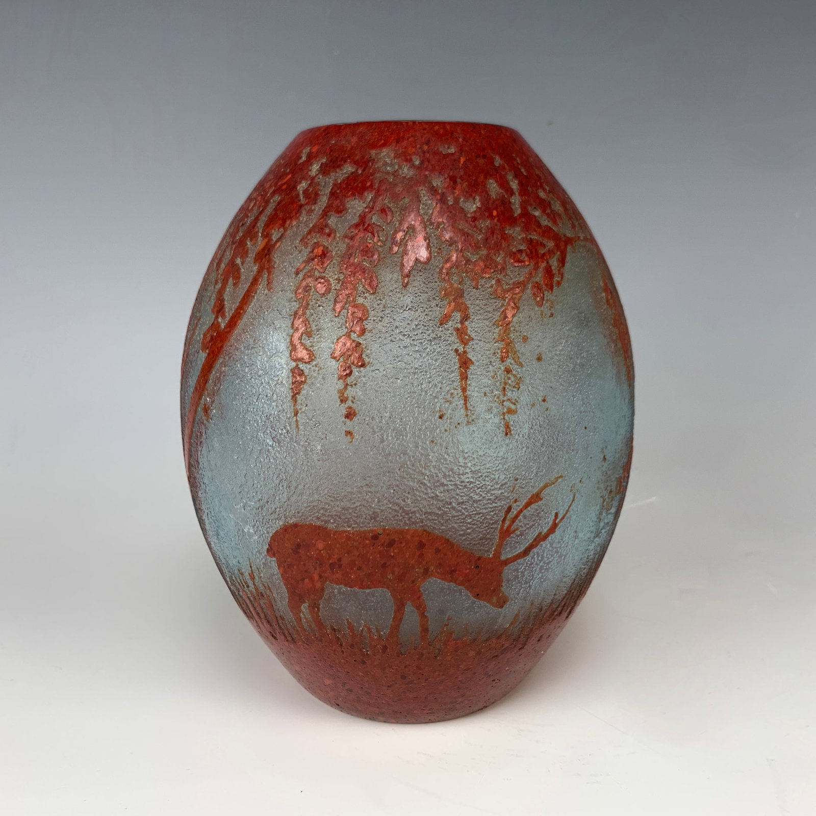 LeGras Cameo Glass Vase with a Deer: Great cameo glass vase with a scene of a deer in the forest, signed "Le Gras," circa 1920s, made in France. Size: 6 1/8" tall. Condition: Very good.
