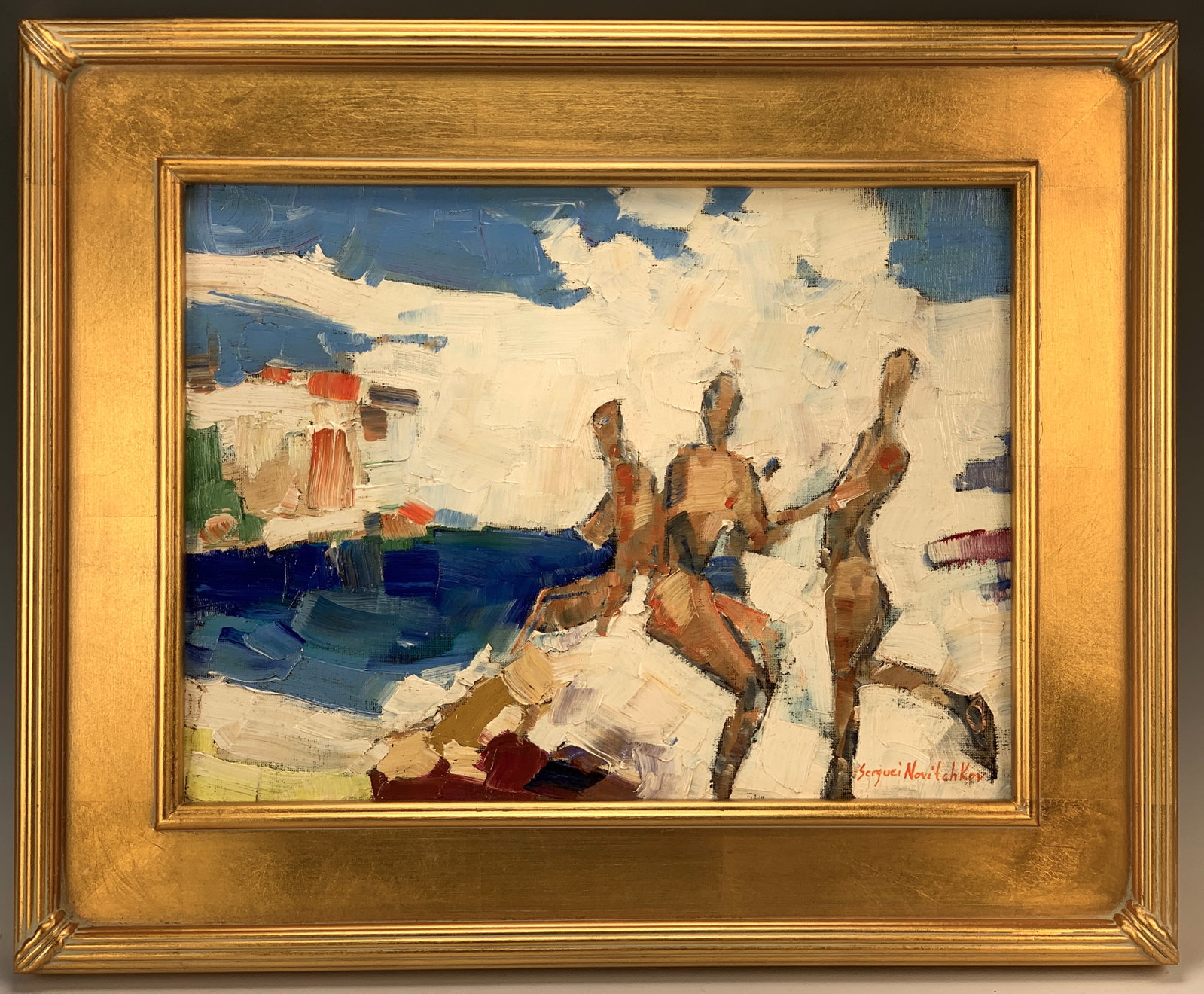 Serguie Novitchkov Impressionist Oil Painting: Original oil on board titled by the artist "Sea Grace" by up and coming Russian trained artist who studied at the Art Institute of Moscow. very good condition, sight 12" x 16", framed 15" x 19".