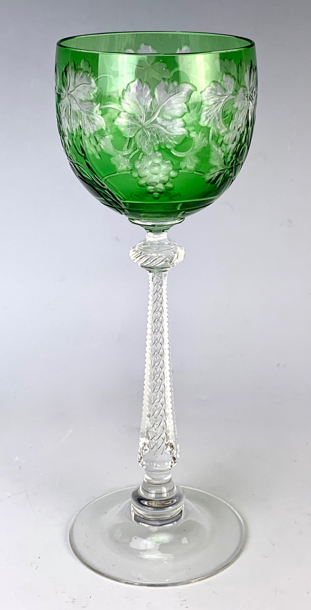 Green Glass Wine Goblet: Wheel cut grapes and leaves on green glass goblet, unmarked, possibly European. Size: 9.5" height. Condition: Very good.
