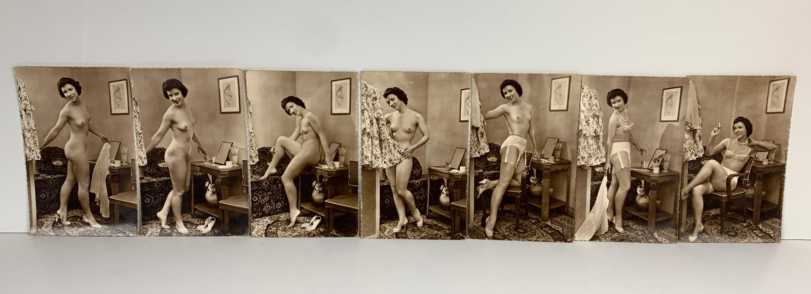 Group of Seven Nude Silver Gelatin Photos c.1920's: These are a group of story cards where the subject is in different poses, very popular in the 1920s. They are marked on the back 'Éditions de Luxe GP. Paris' and have a logo 'GP Larose'. Size: 5.5" x