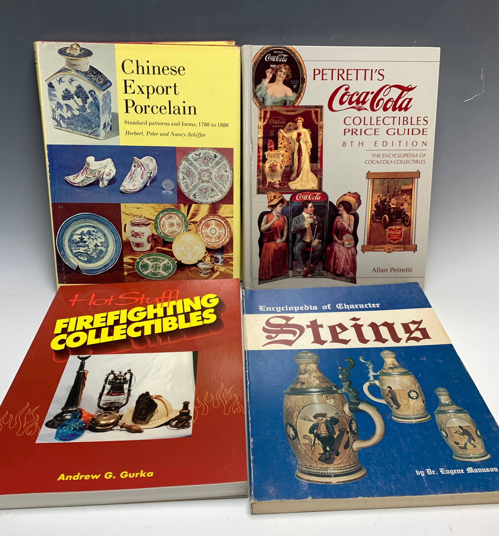 Four Antique Reference Books: Having four specialty antique reference books, starting with: "Chinese Export Porcelain" by Nancy Shiffer (254 pages), "Hot Stuff Fire Collectibles" by Gurka, "Encyclopedia of Character Steins" by Man