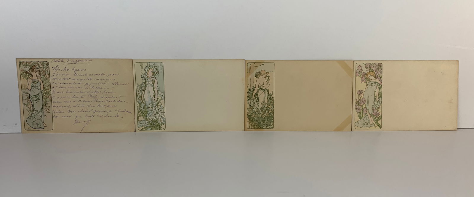 Alphonse Mucha (1860-1939) "Saisons" Set 4: Offering a complete set of 4 "Saisons" original Alphonse Mucha postcards. All signed Mucha. All come with protective sleeves. Size: 5.5" x 3.5". Condition: Good, from Los Angeles Hollywood Hills home.
