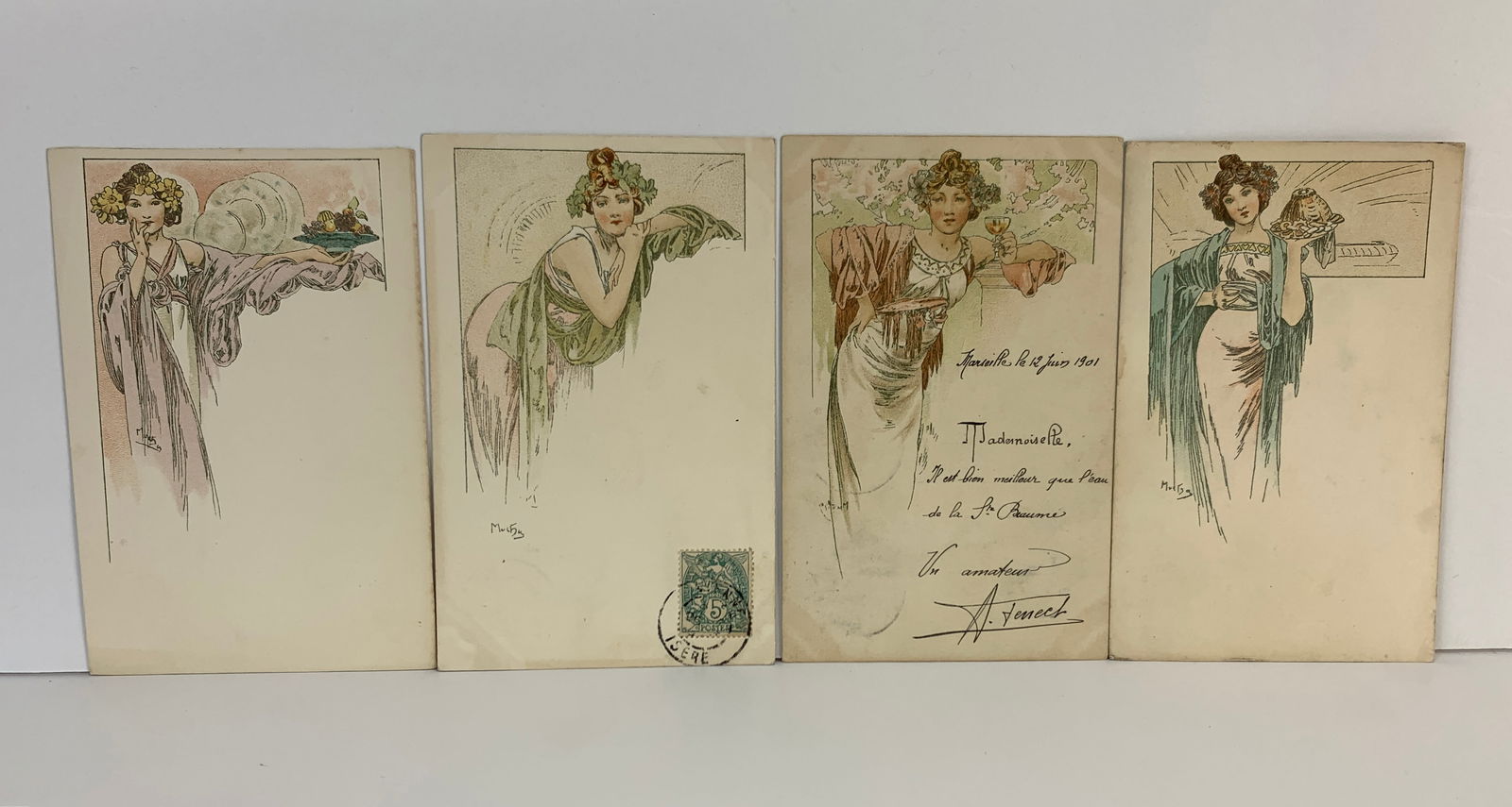 Alphonse Mucha (1860-1939) "Dessin De Menu" Set 12: Complete set of 4 "Dessin de Menu" lithographic postcards #487-490. All signed and come with protective sleeves. Size: 5.5" x 3.5". Condition: Good.