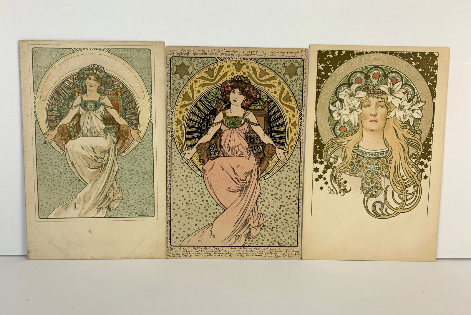 Alphonse Mucha (1860-1939) "3 Original Postcards": Having 3 original Mucha postcards titled: "Sarah Bernhardt" #481, "Austro-Hungarian Benevolent Society" #482 & #601. All signed and come with protective sleeves. Size: 5.5" x 3.5". Condition: Good.