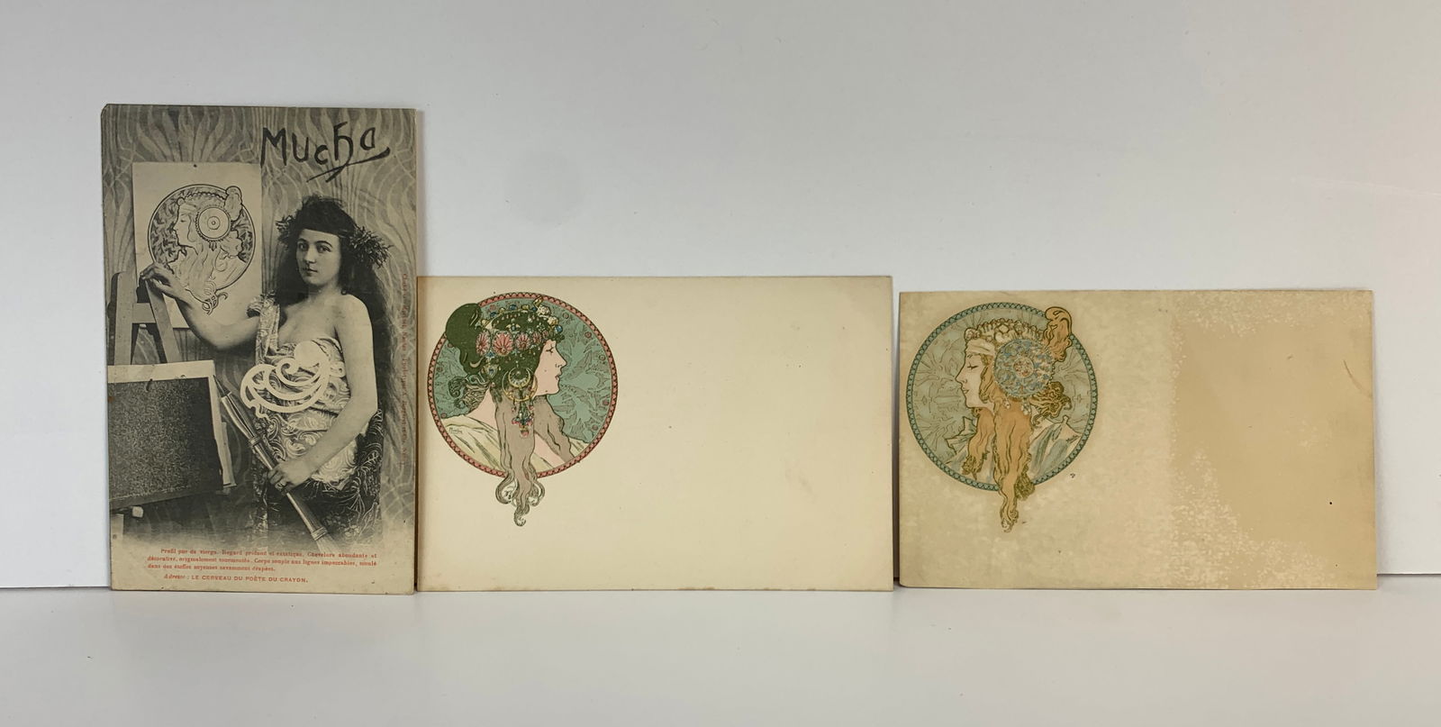 Alphonse Mucha (1860-1939) Rare Mucha Postcards: This lot has an unusual Mucha photo type called "Profil de Verge" and includes two "Tete Byzantine" postcards with protective sleeve. All originals and signed. Size: 5.5" x 3.5". Condition: Good.