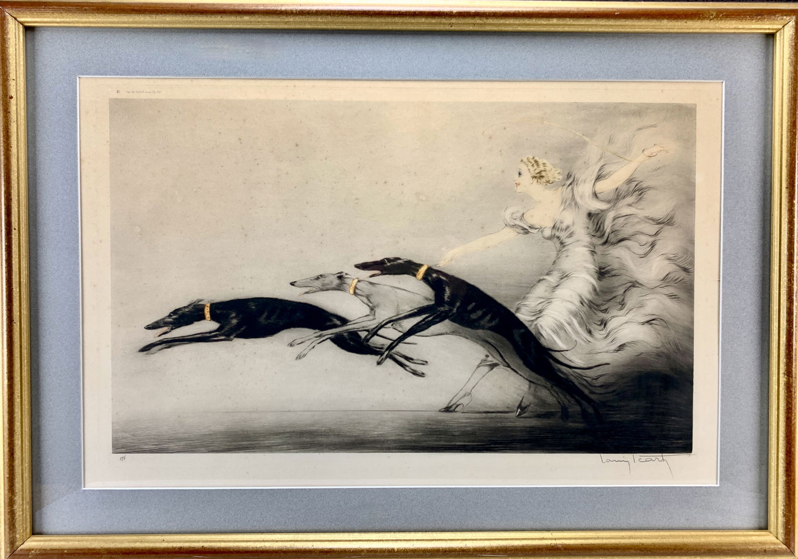 Louis Icart "Speed" Signed Etching: Circa 1933, framed and matted, a popular Louis Icart etching featuring a lady, three dogs, signed LR Louis Icart, and embossed with the windmill stamp in L:L. Size: 27" wide x 17" tall sight. With fra