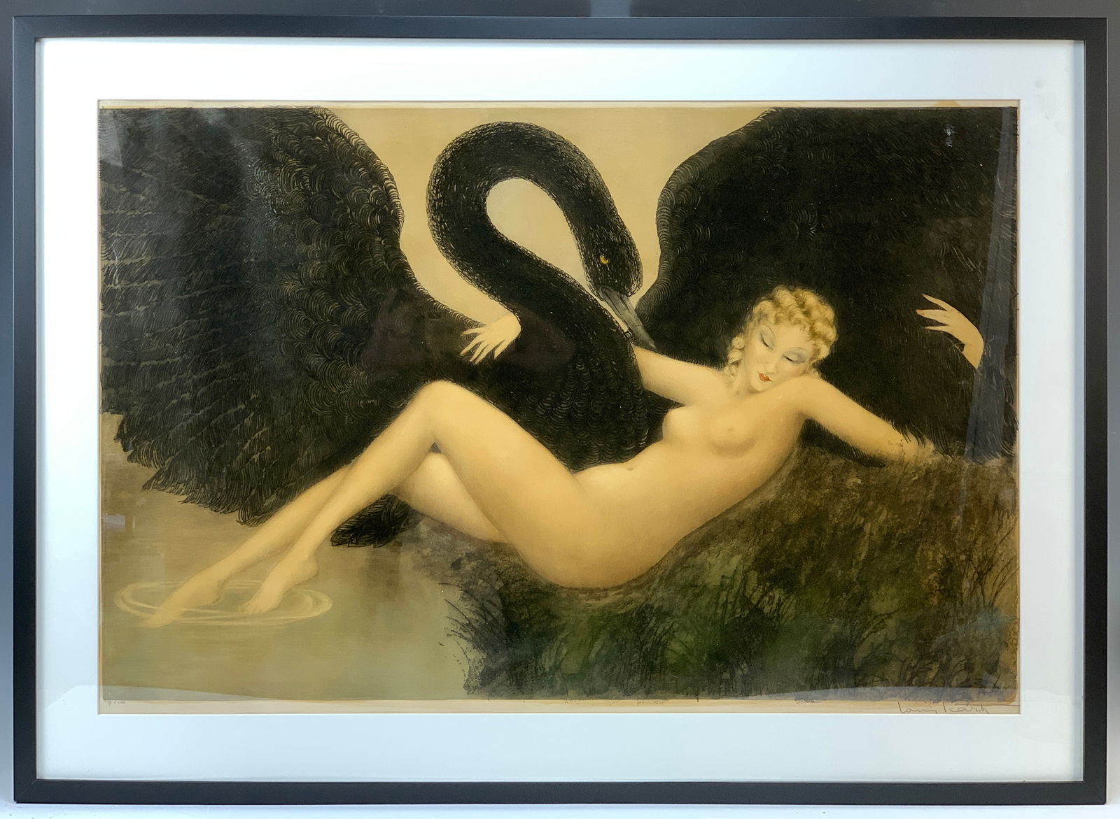 Rare Louis Icart (1888-1950) "Leda & the Swan": Circa 1934. Signed Louis Icart drypoint etching on paper titled "Leda and the Swan." Artist's proof, copyright 1934, hand-signed with windmill blind stamp. Original with all margins. Size: 20.5" tall