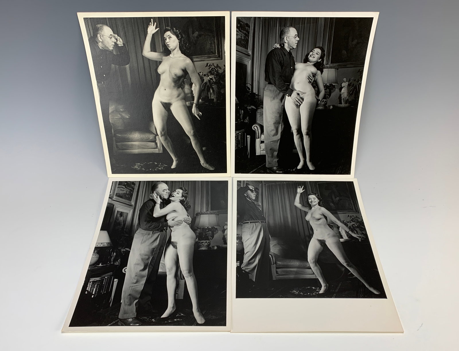 4 Vintage Albumen Silver Nude Photograph Prints: Circa 1950, 4 albumen silver prints of a nude model with her photographer in humorous poses, size: 10" x 8", good condition