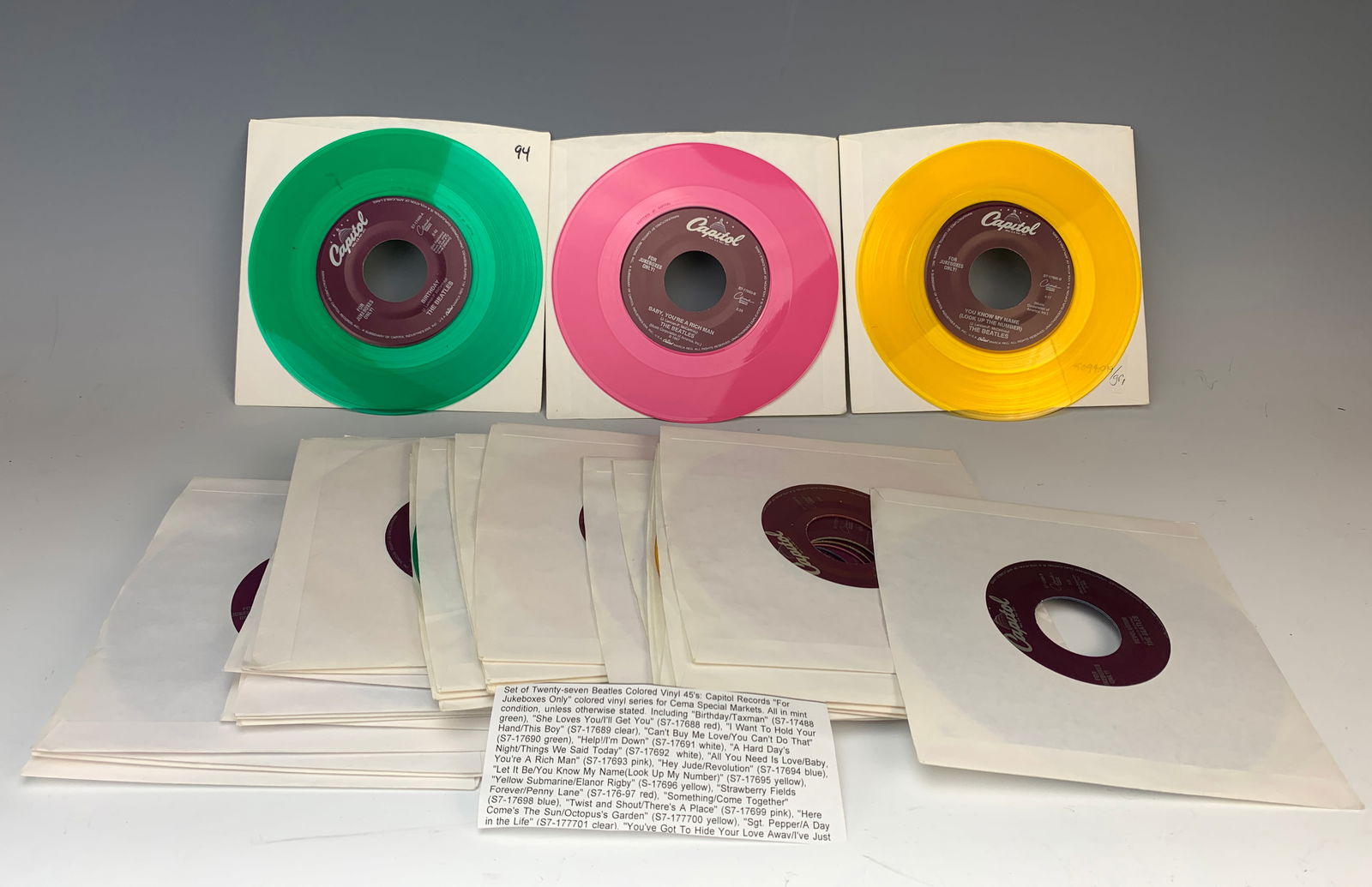 Set of 27 Beatles Colored 45's: This is a rare set of Twenty-seven Beatles Colored Vinyl 45's: Capitol Records "For Jukeboxes Only" colored vinyl series for Cema Special Markets. All in mint condition, unless otherwise stated. Inclu