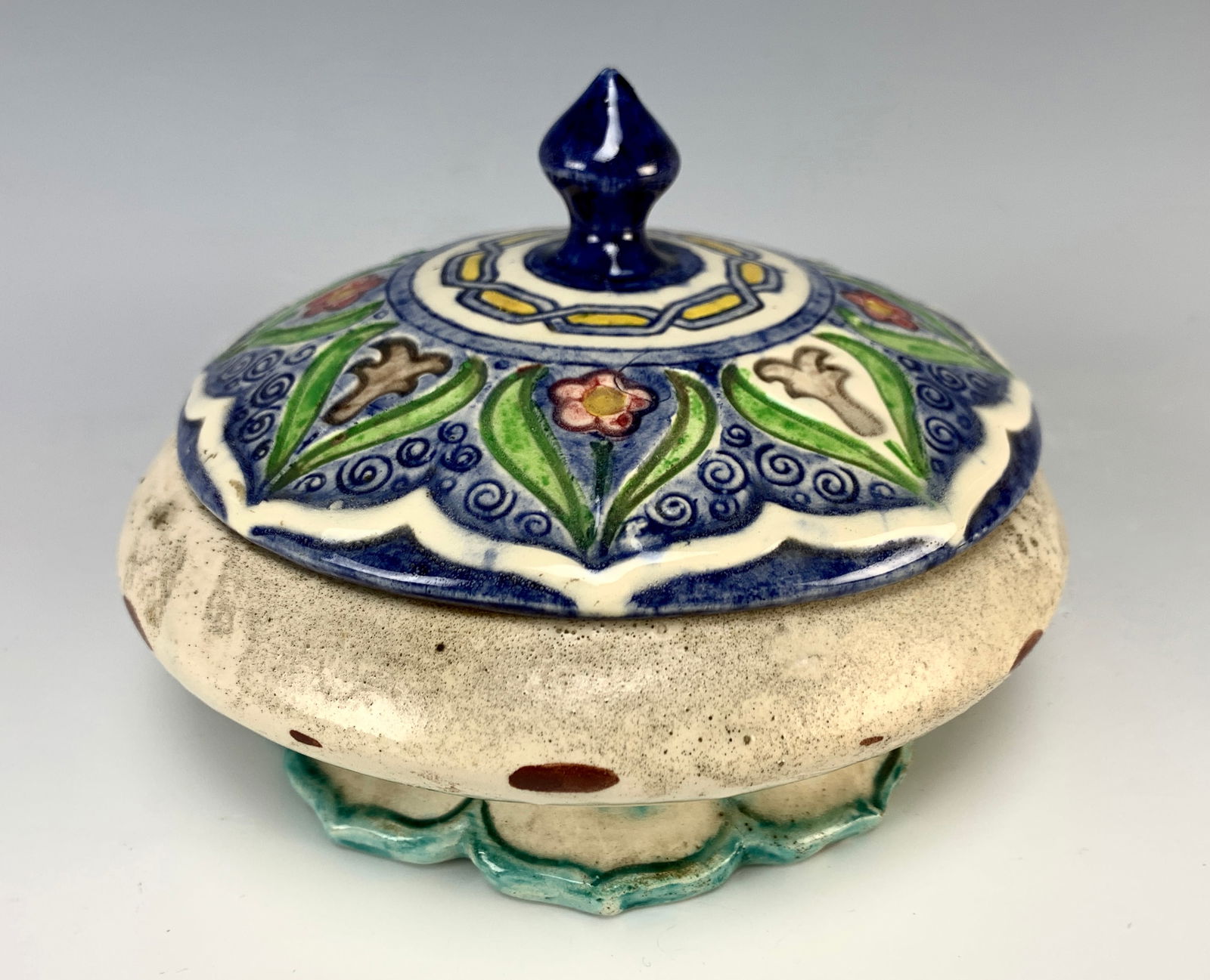 Jean Jacques Lachenal (1881-1945) Bonbonniere: Circa 1920. Marked JJ Lachenal. Round earthenware covered dish with polychrome decoration in the Orientalist Iznik design. Size: 4.5" tall x 6" diameter. Condition: Very good.