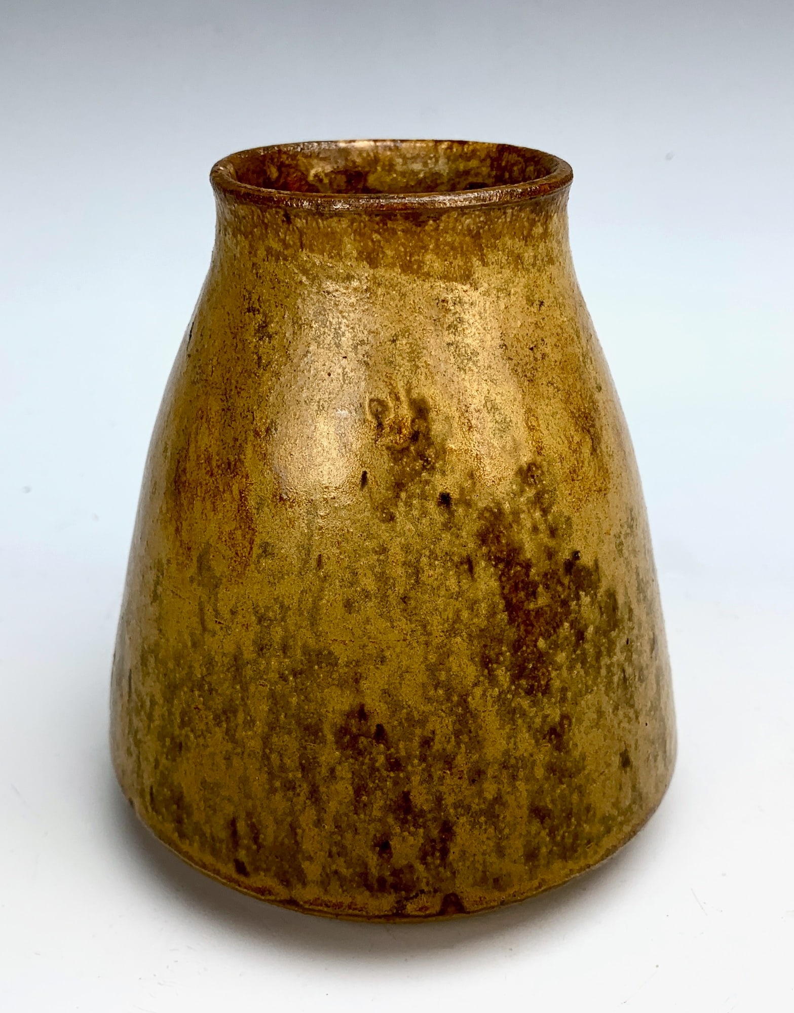 Auguste Delaherche Ceramic Vase: Auguste Delaherche (French 1857-1940), conical-shaped ceramic vase with a wide neck, ochre glazed stoneware, marked. Size: 5" (13cm) tall. Condition: Good.