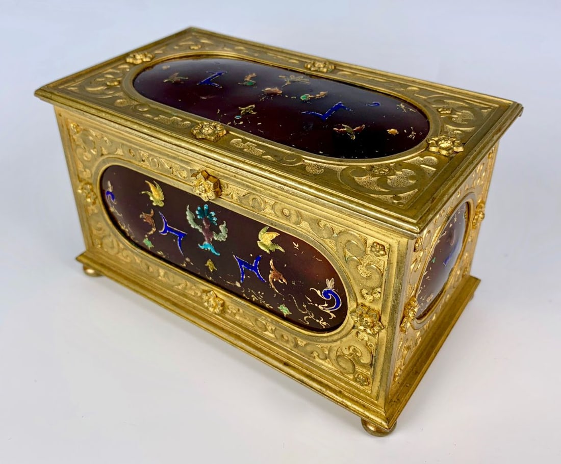French Dore Bronze & Enamel Box Circa 1900: Great French bronze box with 5 enamel plaques depicting scenes of birds and ornate designs. Size: 6" x 3.5" x 3". Condition: Good, slight minor wear to enamel.