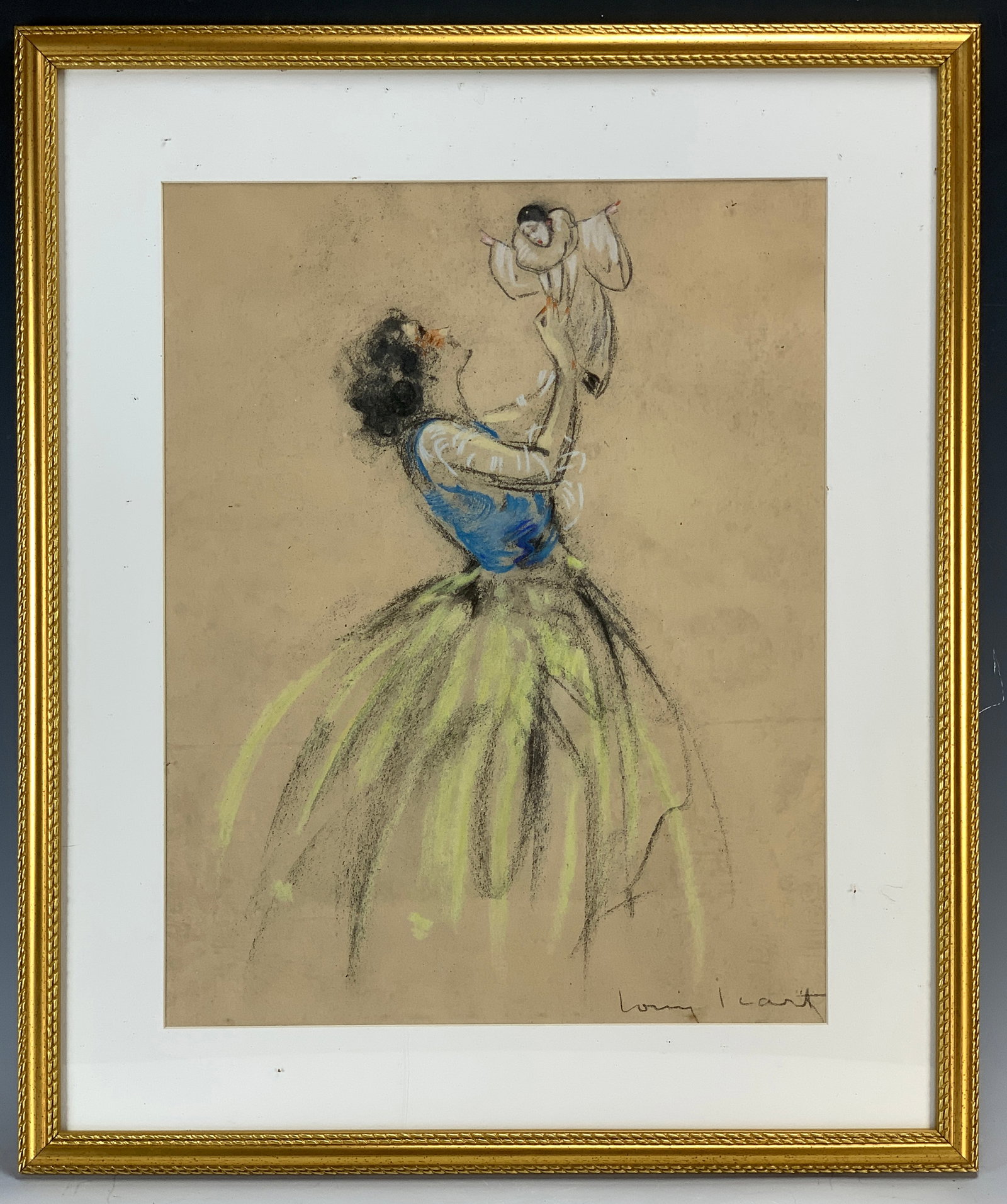 Louis Icart (1888-1950) "Woman With Pierrot": Young woman holding up a pierrot doll with pastel charcoal and white highlights over a litho. Matted and framed, signed lower right. Size: 16.5" tall x 13" wide. With frame: 22" x 19". Condition: Good