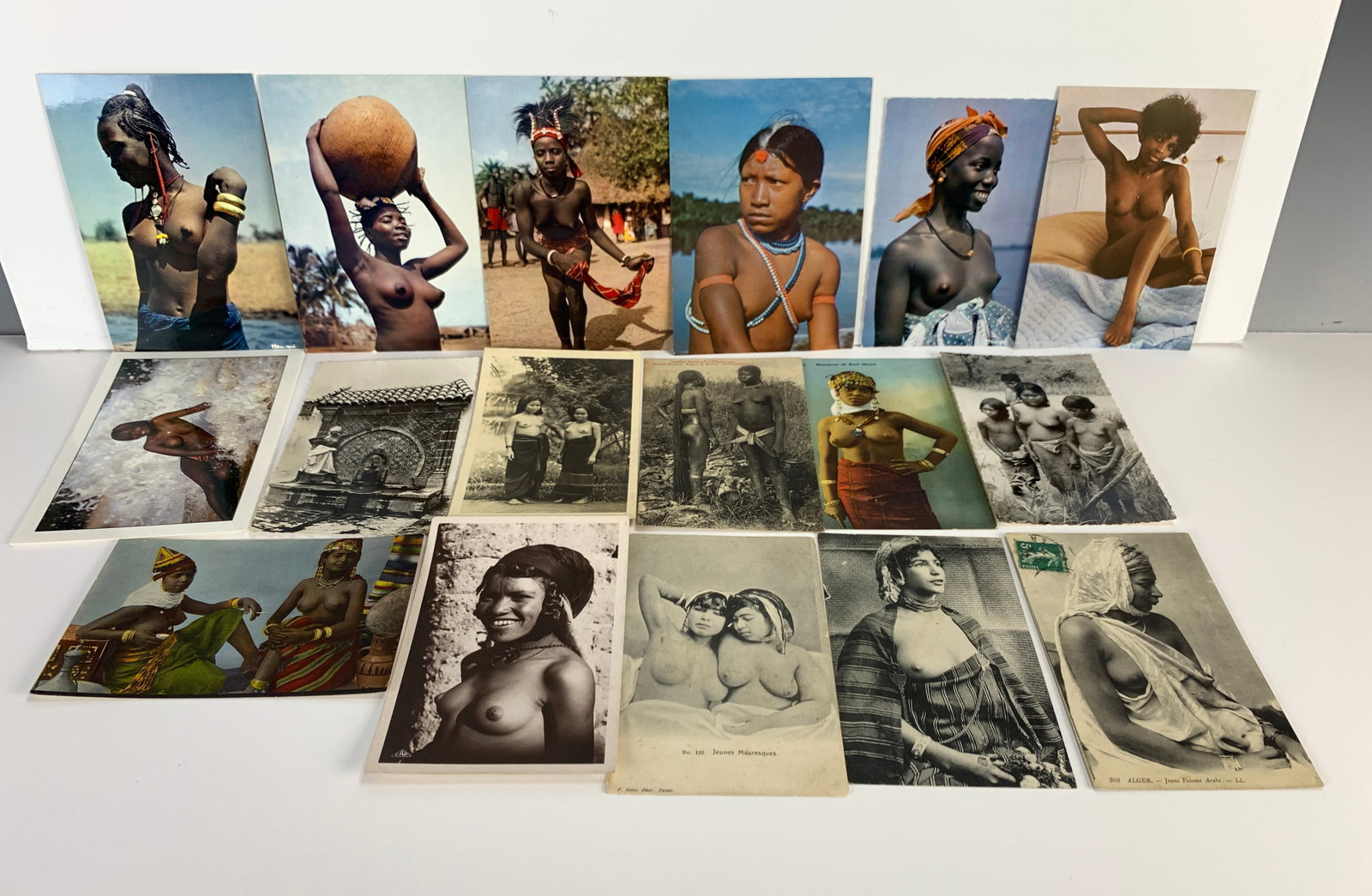 17 Vintage Black Nude Postcards: Mostly French, with 17 black nude photo postcards. Size: 6" x 4". Condition: Good.
