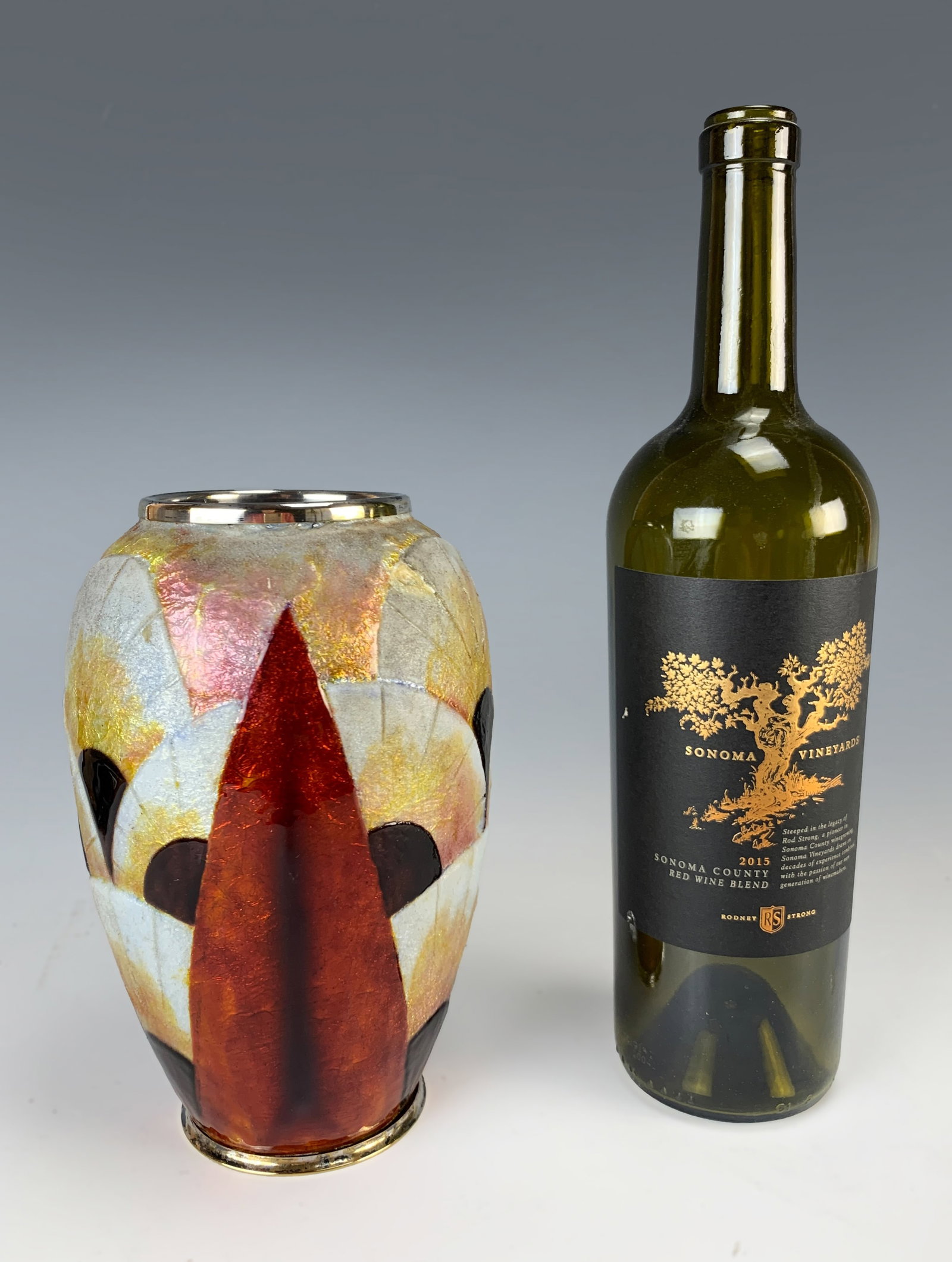Marcel Chauffriasse (1926-1990) Deco Enamel Vase: Circa 1950. Fabulous Art Deco enamel vase signed Marcel Chauffriasse Limoges. He is mostly known for his porcelain pate-sur-pate plaques at Limoges, but his enamels, like this one, are similar to thos