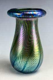 David Lotton Iridescent Feathered Art Glass Vase