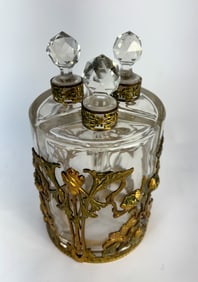 Large Nouveau Gilt Bronze & 3 Glass Perfume Bottle
