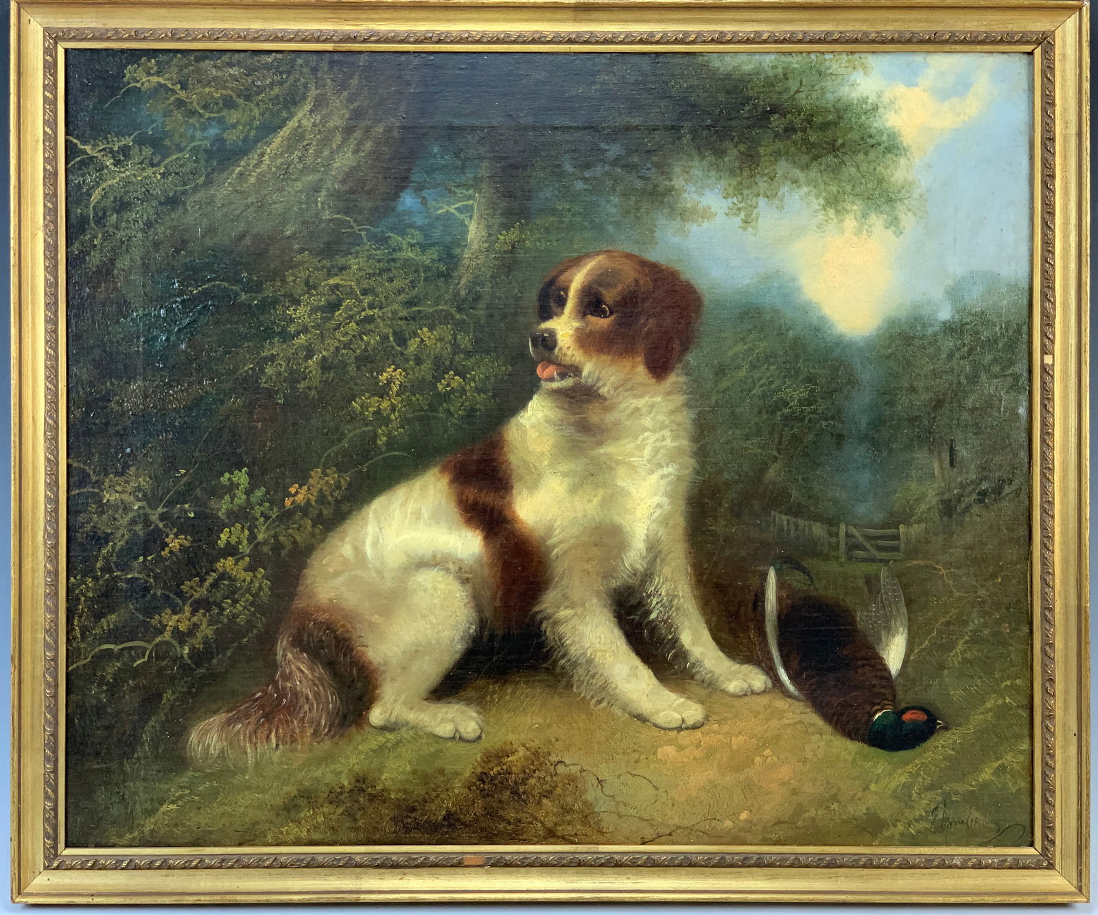 Edward Armfield (1817-1896) "Spaniel And Pheasant": Oil on canvas. By the well-known English artist Edward Armfield, brother of George Armfield. Together, they were some of the most well-known names in dog art in the 19th century in England. This wonde