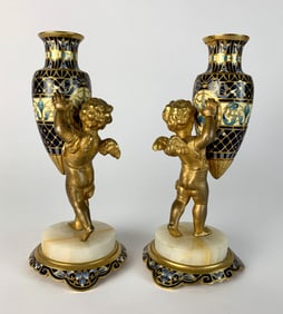 Pr Enamel & Gilt Bronze Urns w Cherubs