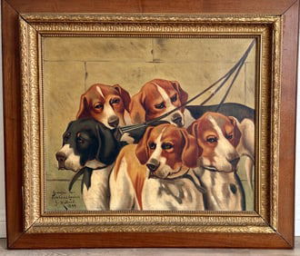 Group of English Foxhounds Painting sgd G Mohler
