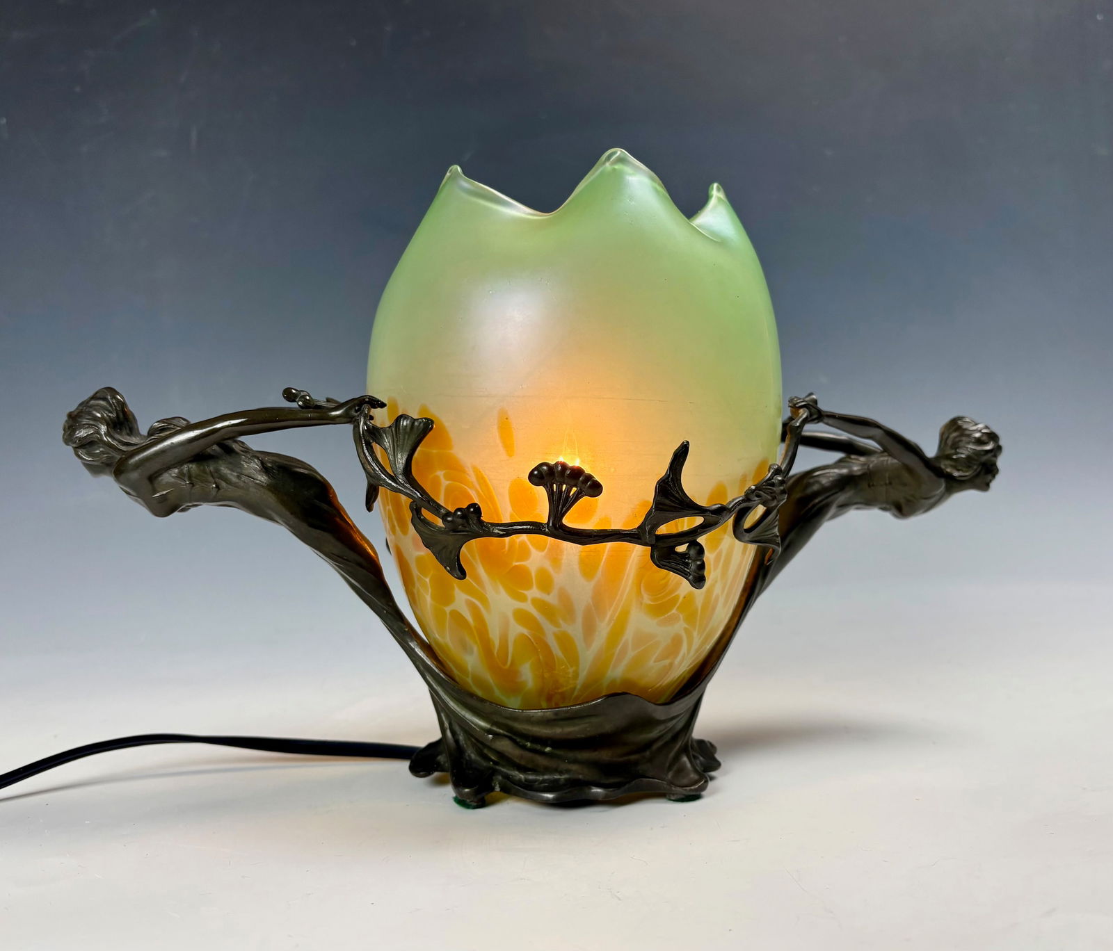 Art Nouveau Figural Bronze & Art Glass Lamp (1 of 5)