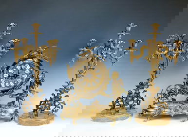 Gilt Bronze Figural Clock Garniture w Cherub