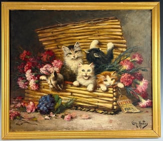 Leon Charles Huber Kittens in a Basket Painting