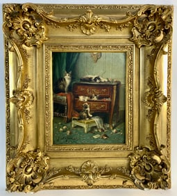Jules LeRoy Painting of Cats w Chest of Drawers