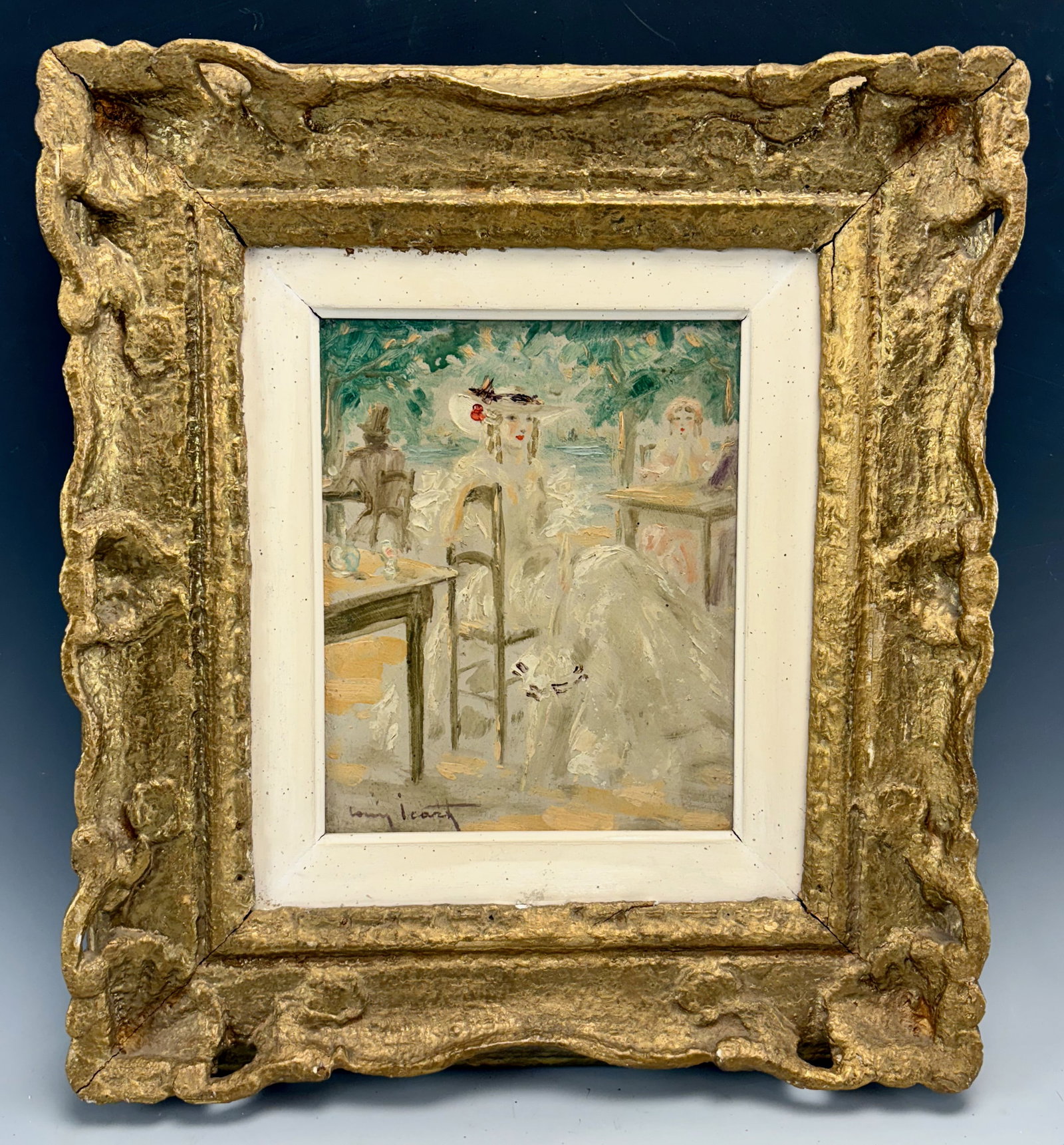 Louis Icart Original Oil Painting Sgd: Louis Icart (1888-1950) an original oil on board "Young Woman Seated" circa 1930, signed lower left "Louis Icart", on verso marked #663 and initials "IC", guaranteed original, mounted into an ornate g