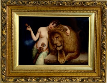 Exceptional Painting on Porcelain semi Nude & Lion