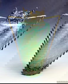 Art Nouveau Bronze & Iridescent Art Glass Vase